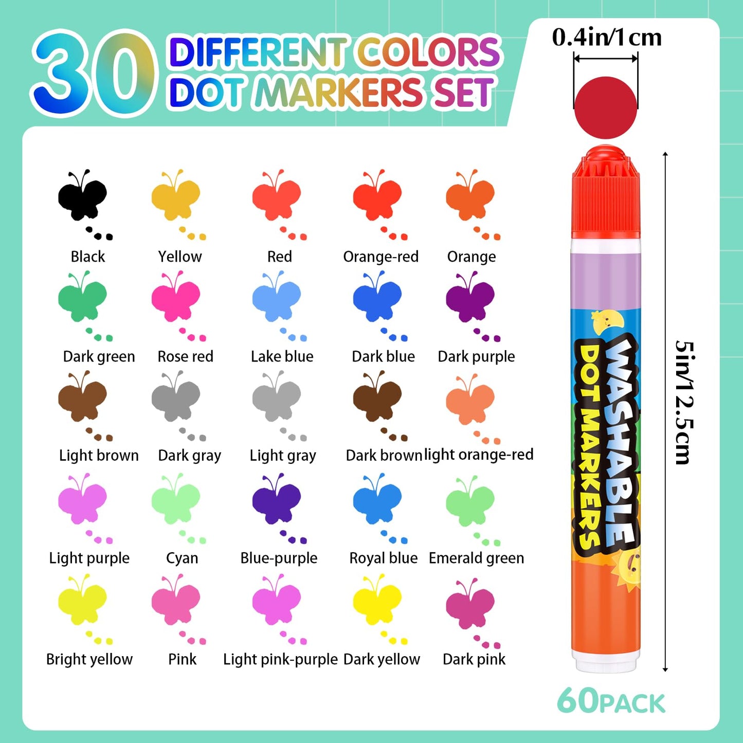 Crtiin 60 Pack Washable Dot Markers Set – 30 Colors, 0.4oz Bingo Daubers for Art & Crafts