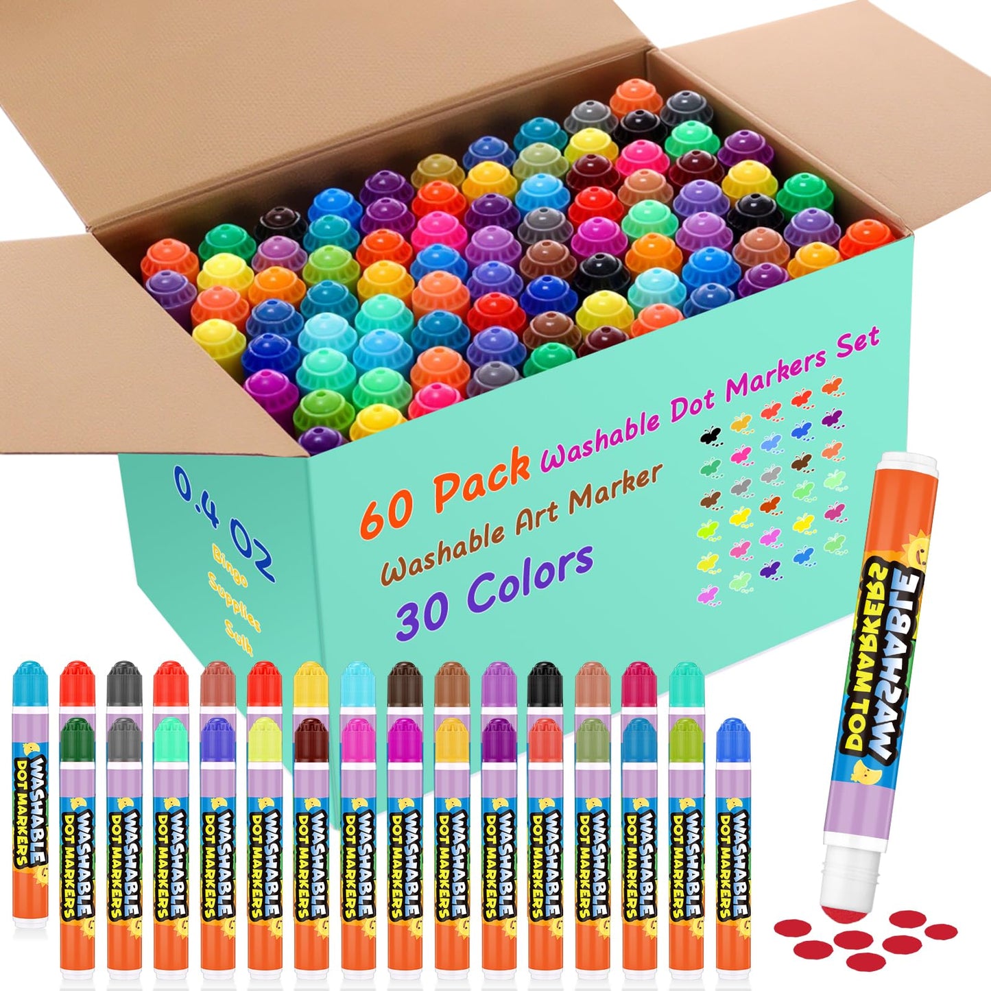 Crtiin 60 Pack Washable Dot Markers Set – 30 Colors, 0.4oz Bingo Daubers for Art & Crafts