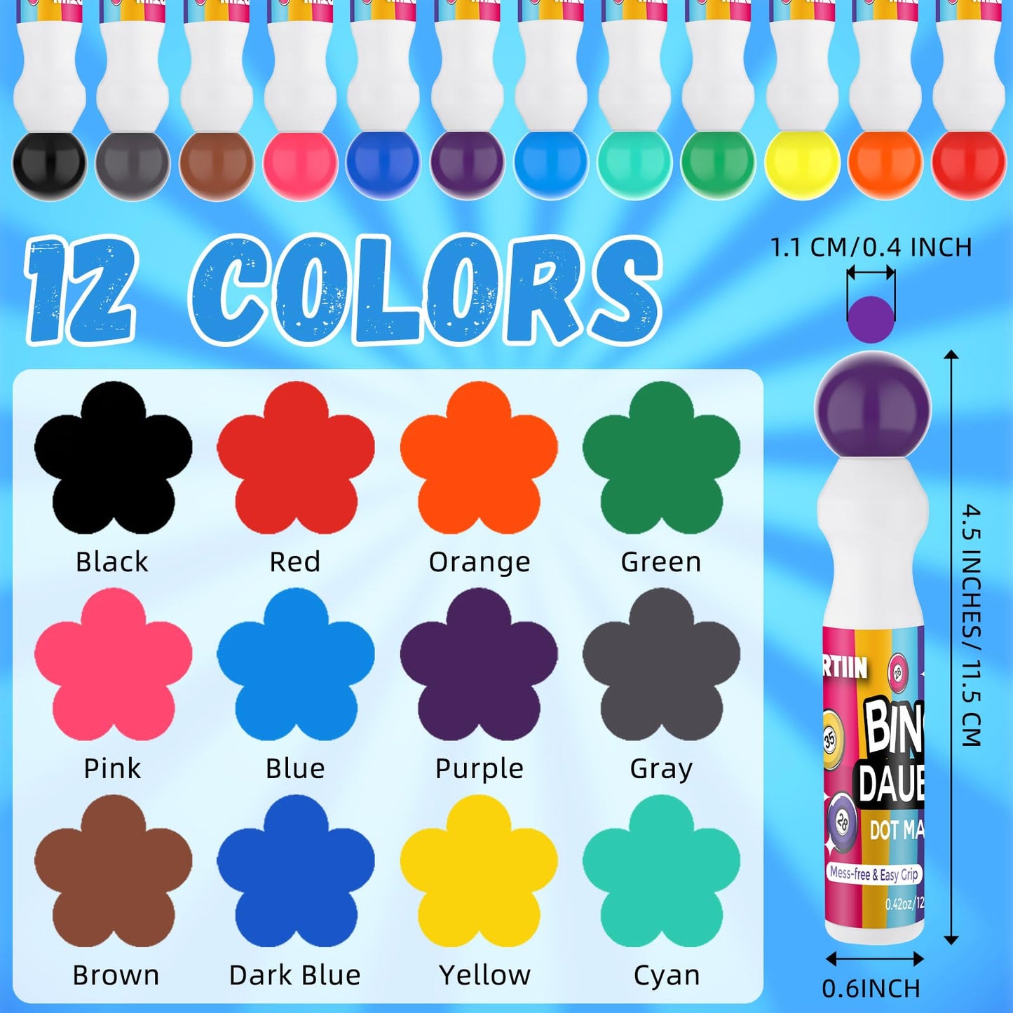 Crtiin 180 Pcs Bingo Daubers Bulk – 12 Colors, 0.5oz