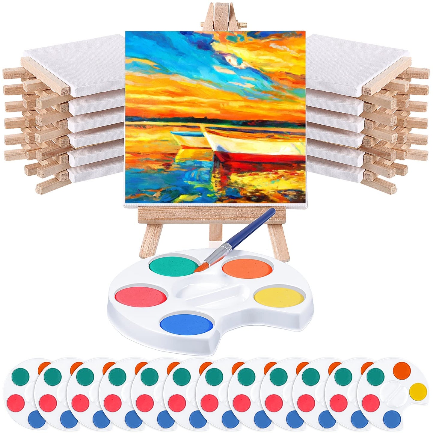 Crtiin Mini Watercolor Paint Set – 12-Piece Kids Art Kit with 4x4in Canvases and Easels