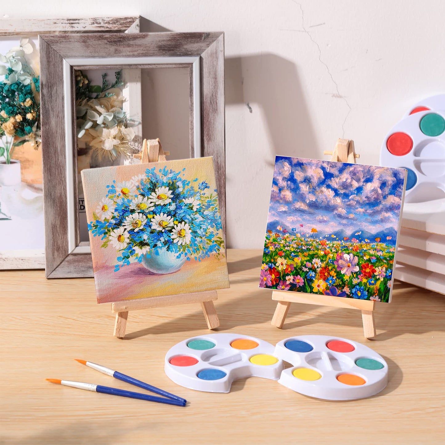 Crtiin Mini Watercolor Paint Set – 24-Piece 4x4-Inch Canvas & Easel Kit for Kids | Valentines Galentines Gift
