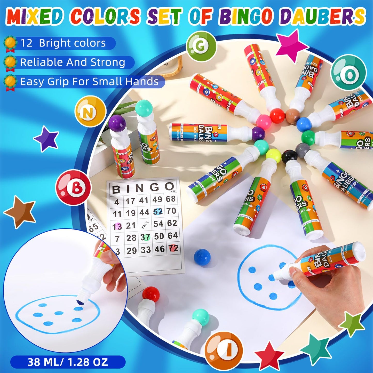 Crtiin 48-Pack Bingo Daubers – 12 Colors, 1.28oz Ink, Quick-Dry Dot Markers