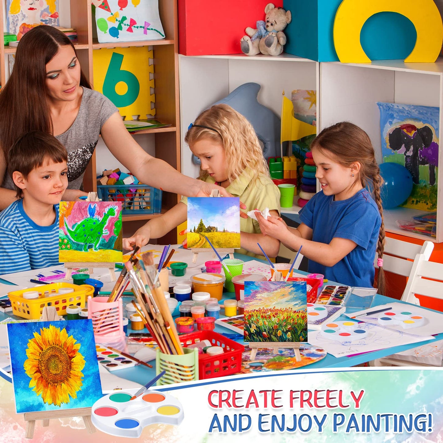Crtiin Mini Watercolor Paint Set – 24-Piece 4x4-Inch Canvas & Easel Kit for Kids | Valentines Galentines Gift