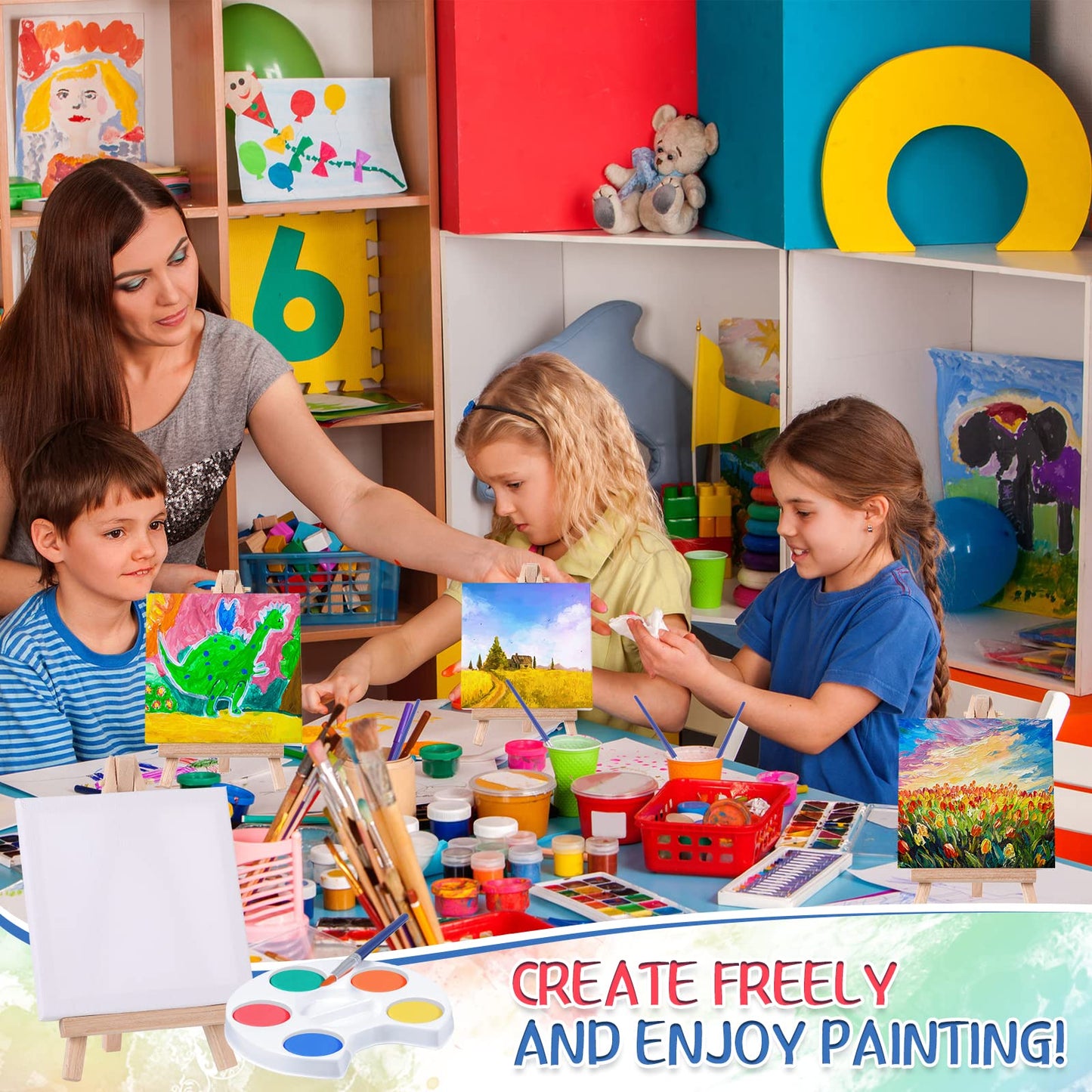 Crtiin Mini Watercolor Paint Set – 12-Piece Kids Art Kit with 4x4in Canvases and Easels