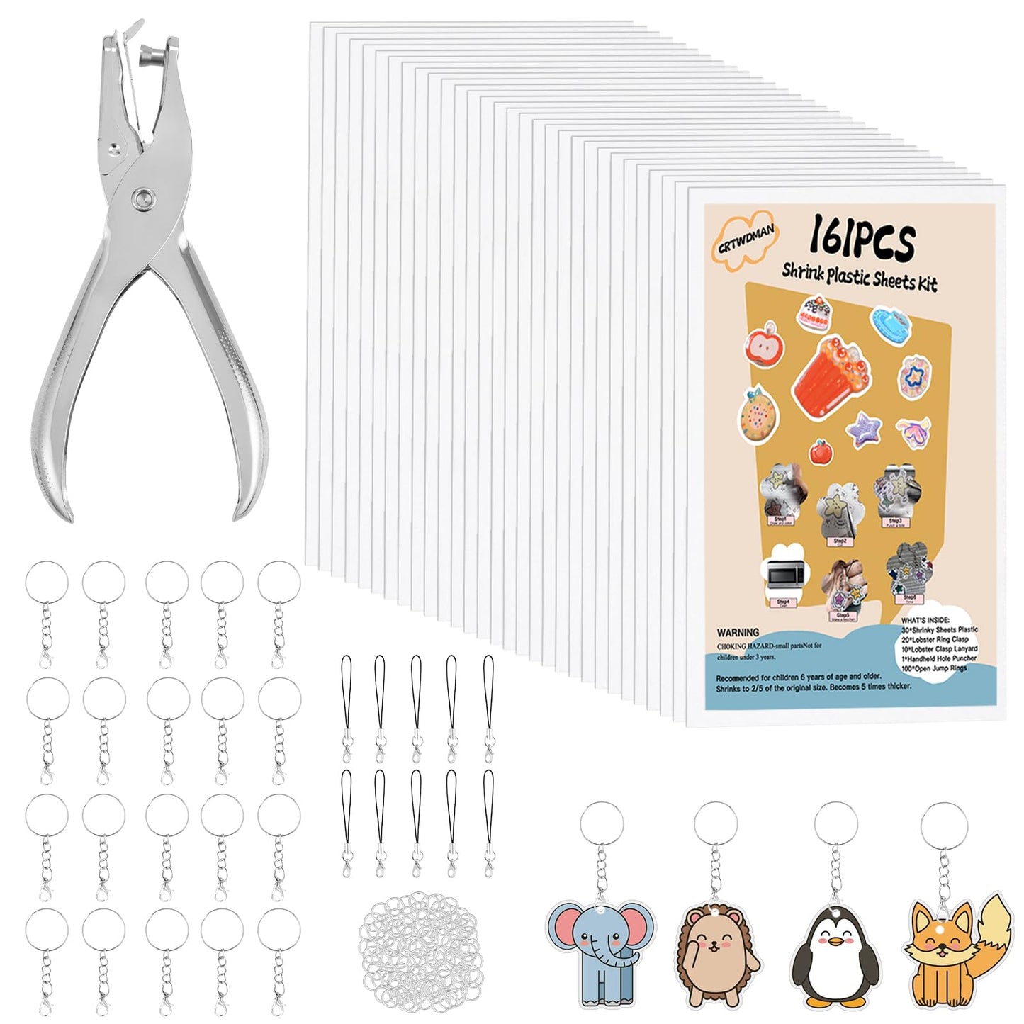 CRTWDMAN 161 Pcs Shrink Paper Keychain Kit – 30 Shrinky Sheets, Hole Punch, Clasps & Jump Rings