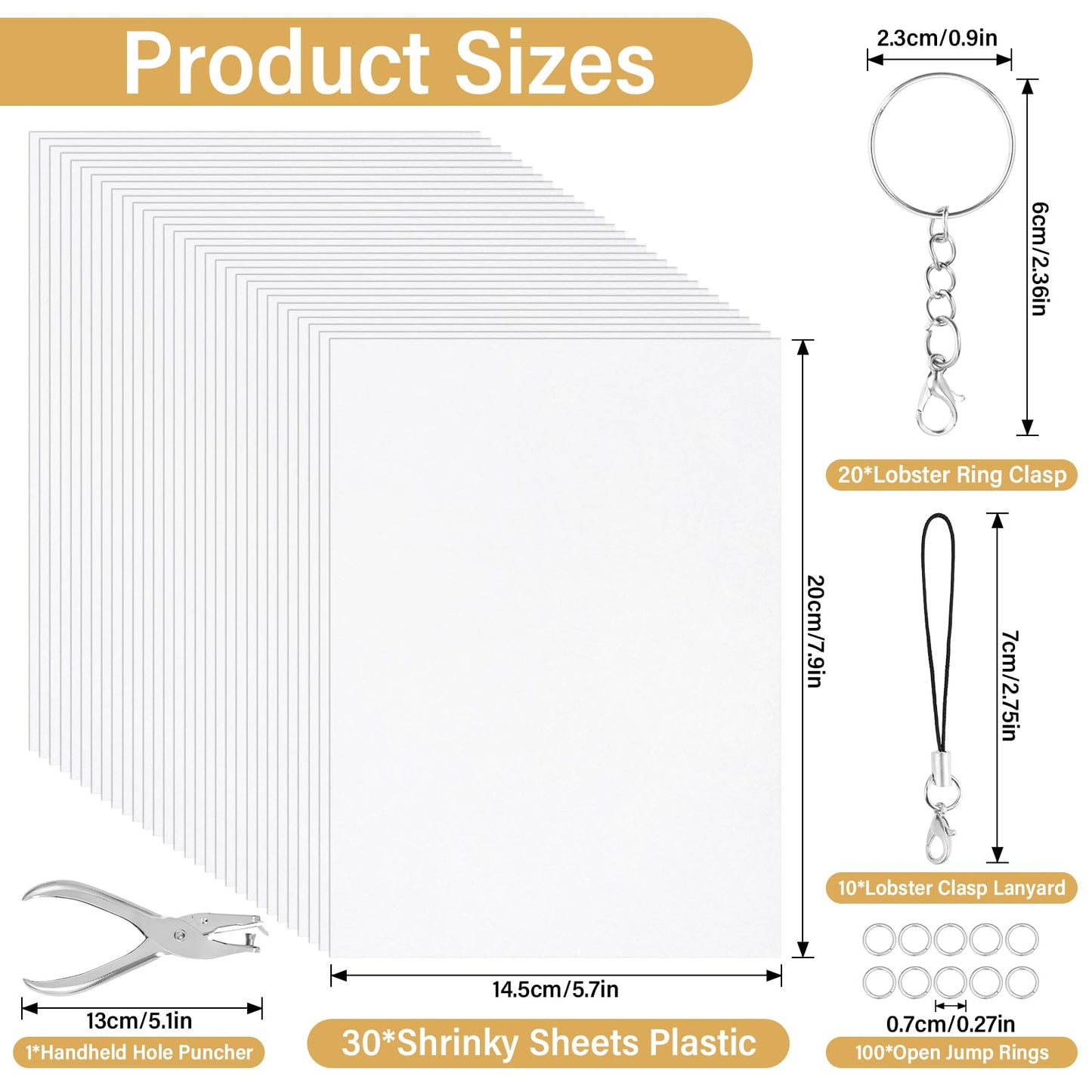 CRTWDMAN 161 Pcs Shrink Paper Keychain Kit – 30 Shrinky Sheets, Hole Punch, Clasps & Jump Rings
