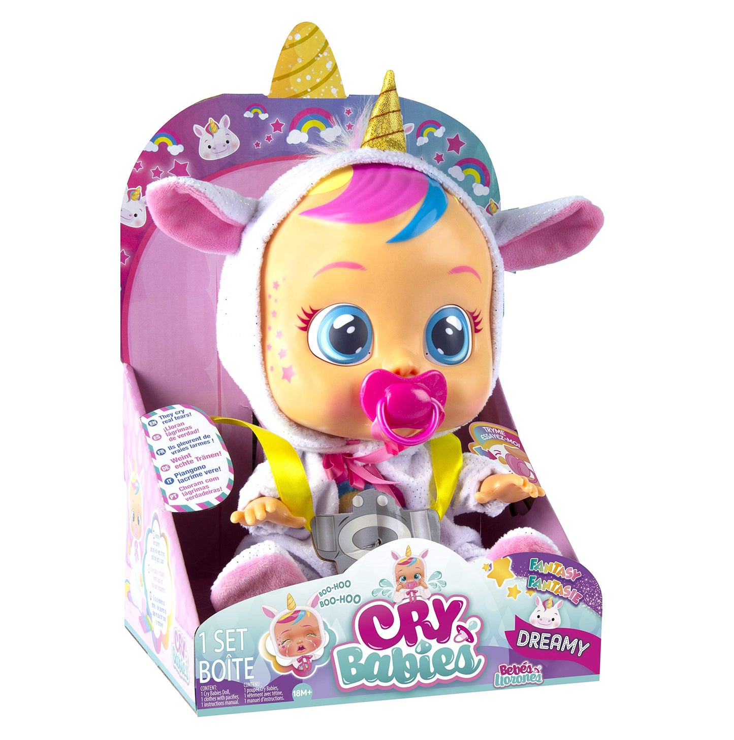 Cry Babies Dreamy Unicorn 12-Inch Baby Doll – Rainbow Pajamas (Pink)