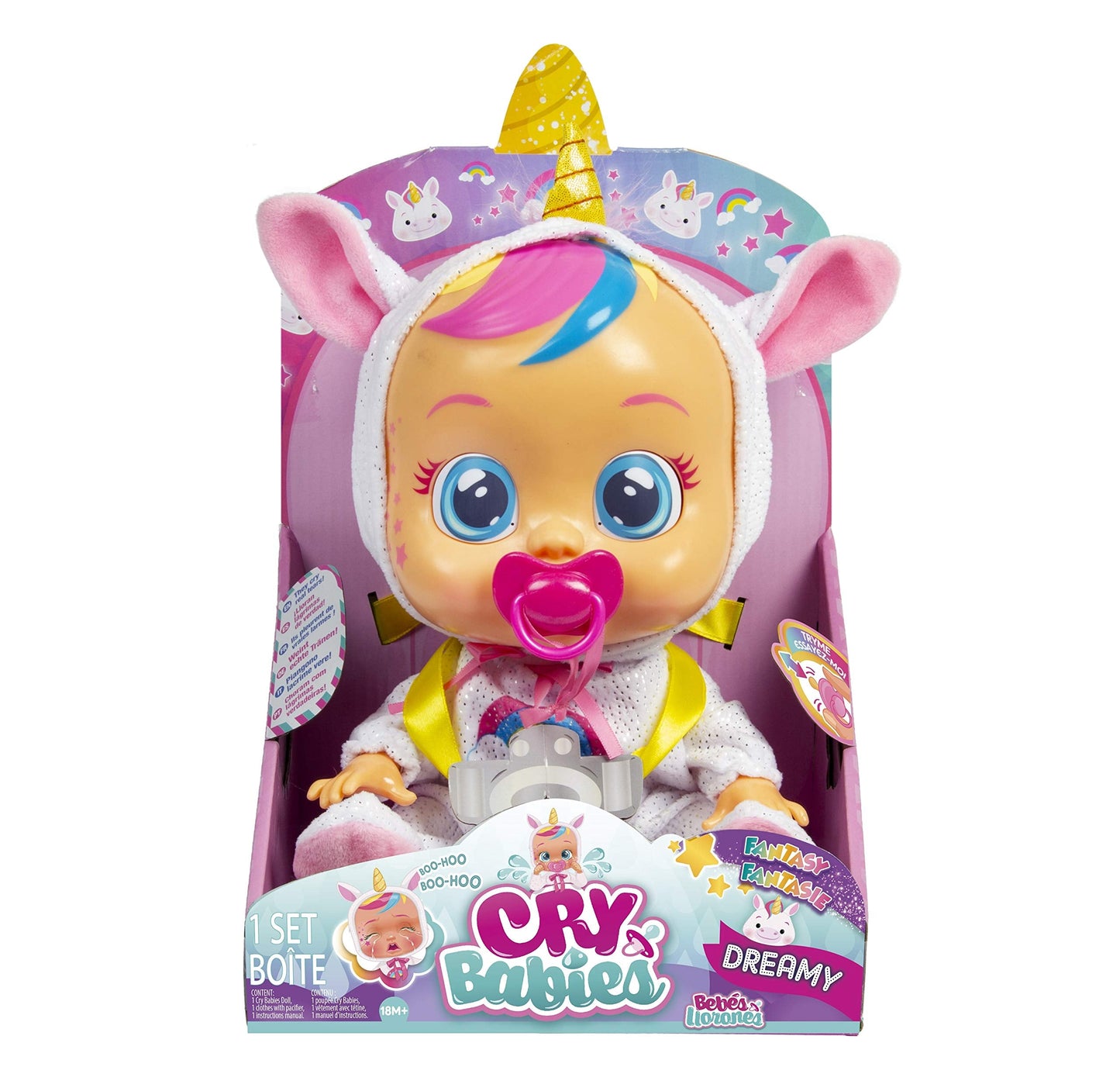Cry Babies Dreamy Unicorn 12-Inch Baby Doll – Rainbow Pajamas (Pink)