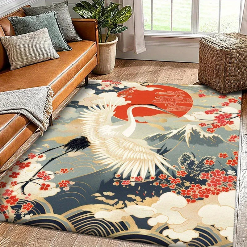 Red-Crowned Crane Velvet Rug – Oriental Art-Inspired Non-Slip Area Carpet for Living Room or Bedroom