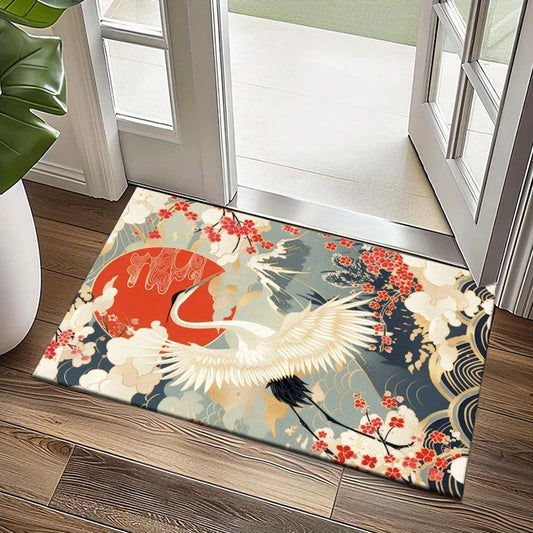 Red-Crowned Crane Velvet Rug – Oriental Art-Inspired Non-Slip Area Carpet for Living Room or Bedroom