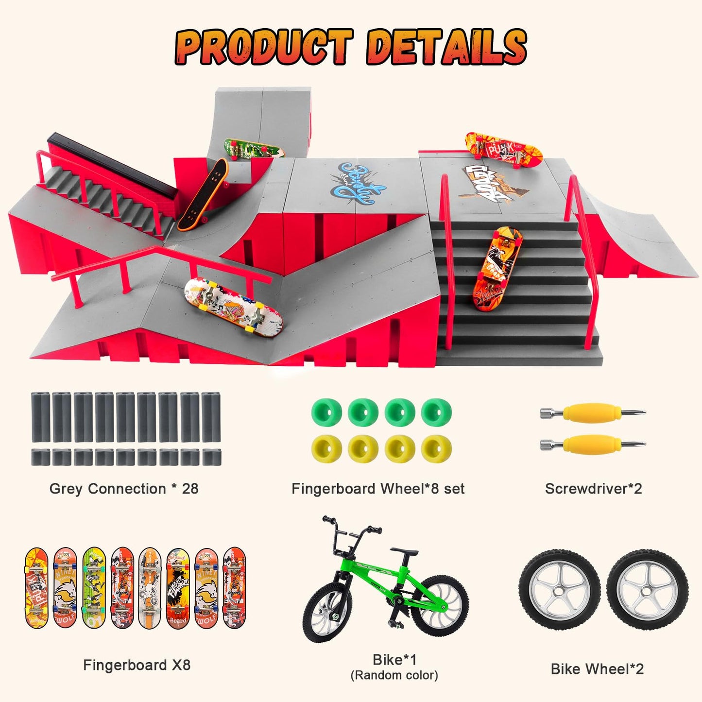 CS COSDDI Finger Skateboard Park Kits – 14-in-1 Desk Skate Park with 8 Finger Boards & 14 Ramps