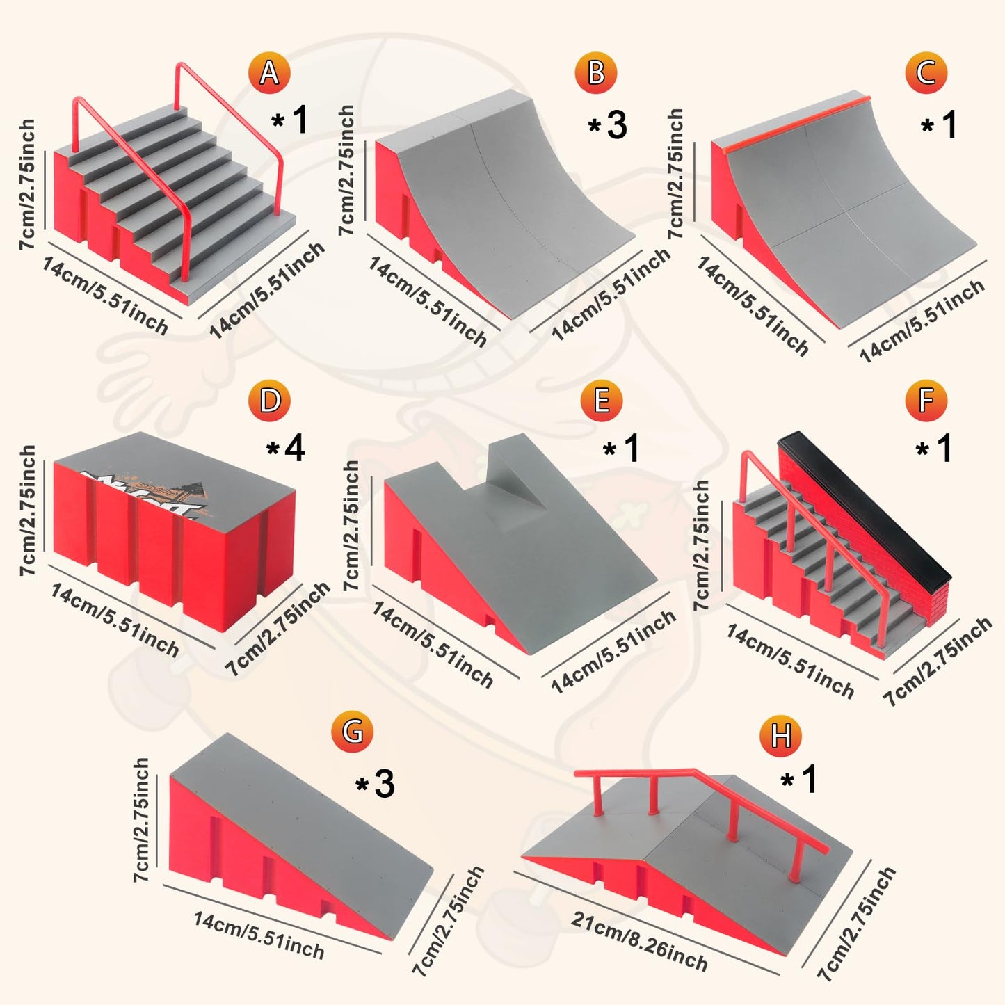 CS COSDDI Finger Skateboard Park Kits – 14-in-1 Desk Skate Park with 8 Finger Boards & 14 Ramps