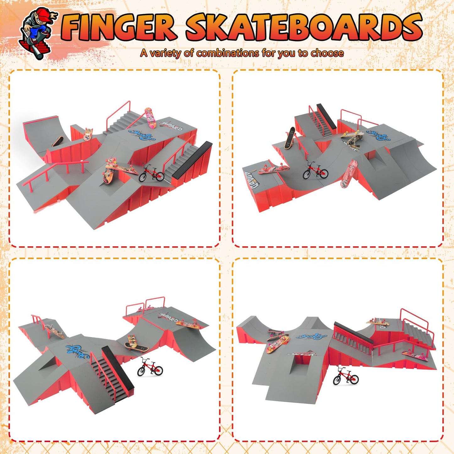 CS COSDDI Finger Skateboard Park Kits – 14-in-1 Desk Skate Park with 8 Finger Boards & 14 Ramps