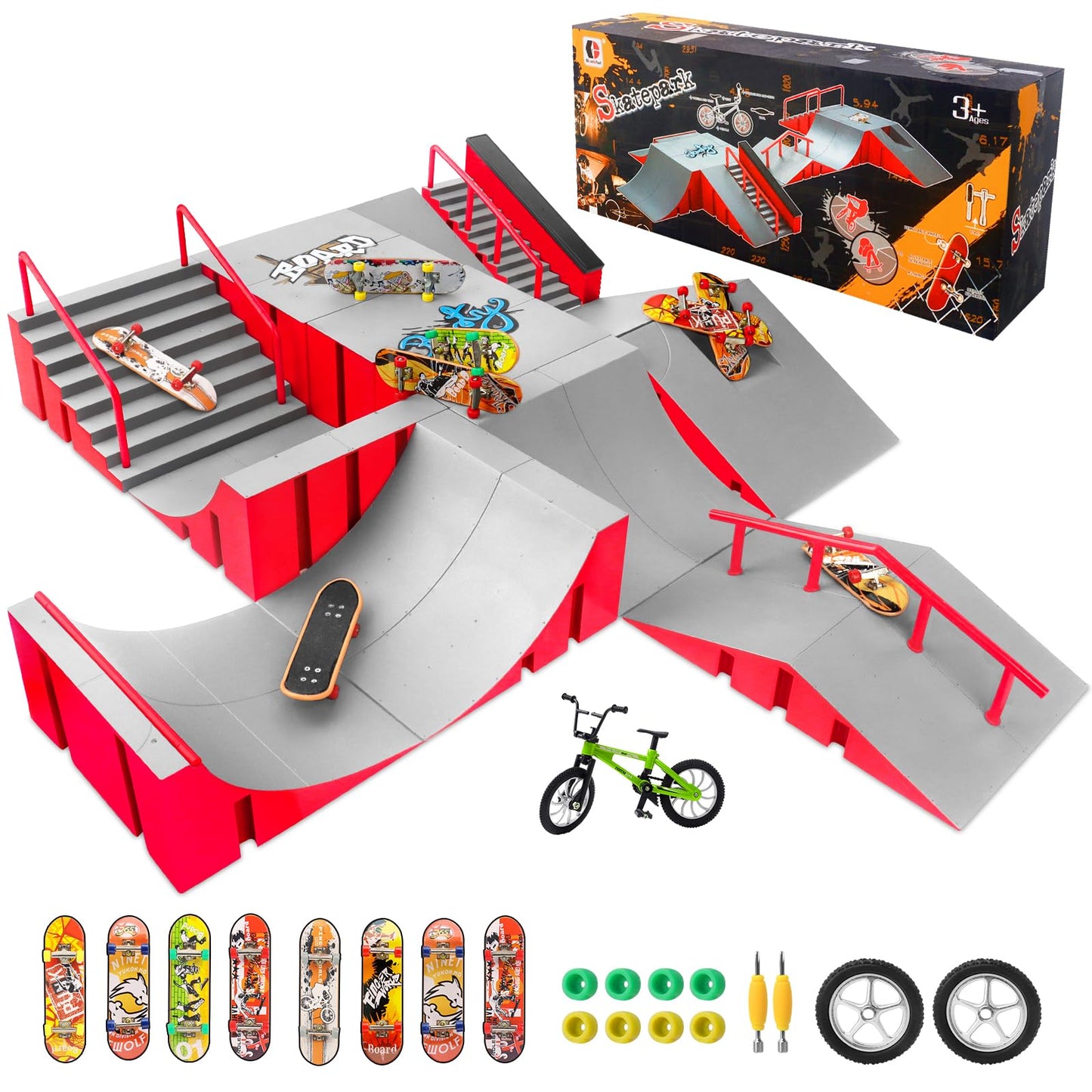 CS COSDDI Finger Skateboard Park Kits – 14-in-1 Desk Skate Park with 8 Finger Boards & 14 Ramps