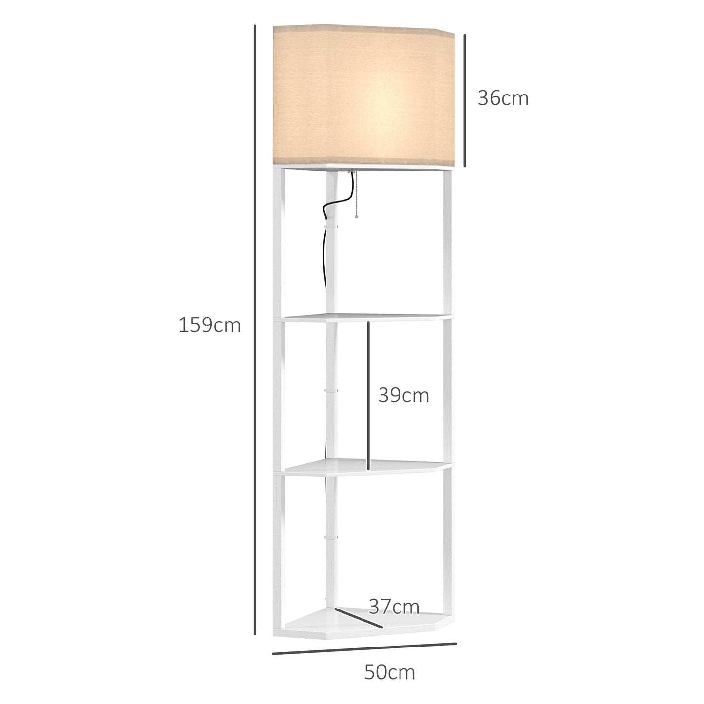 HOMCOM Corner Modern Floor Lamp with Shelves for Living Room, Bedroom, White