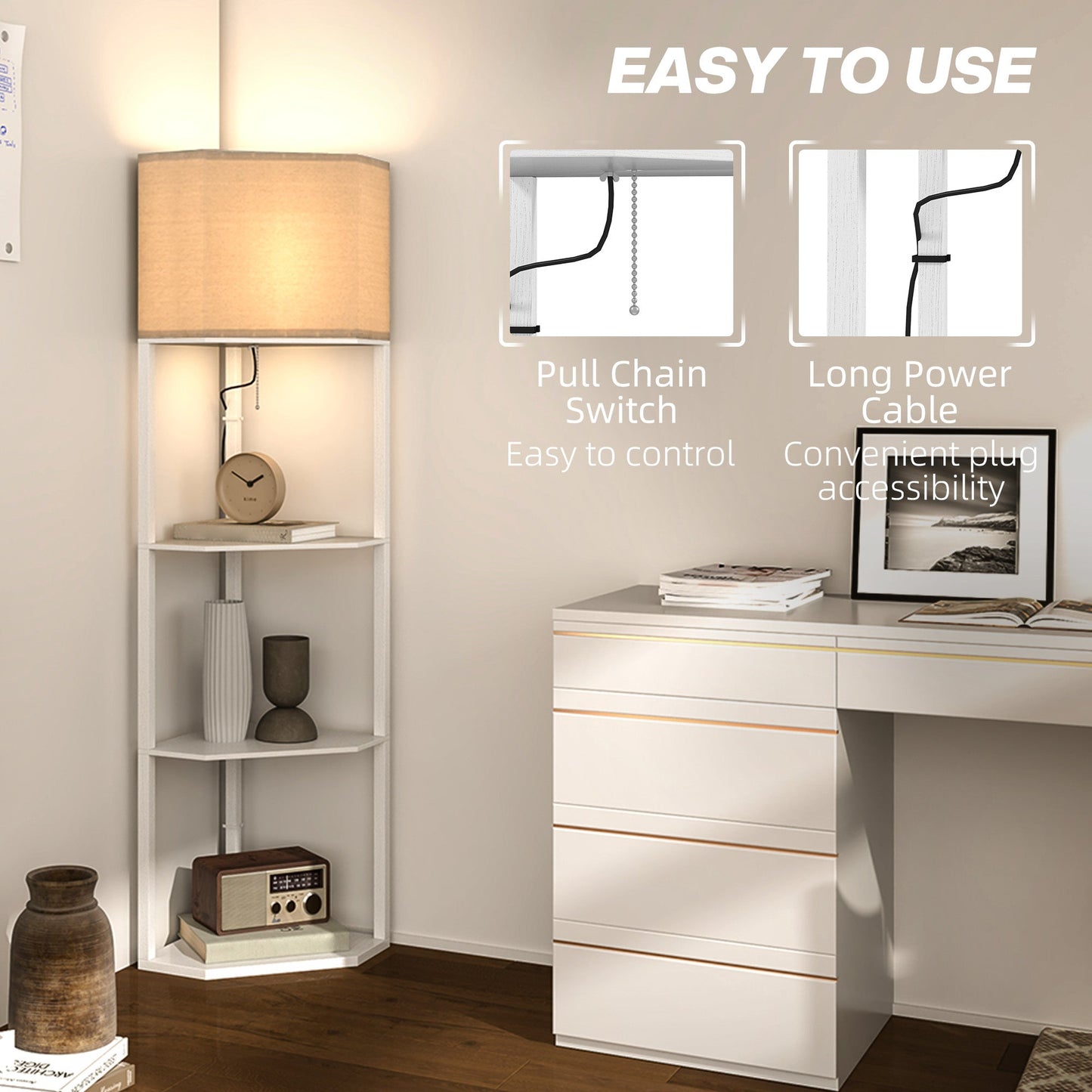 HOMCOM Corner Modern Floor Lamp with Shelves for Living Room, Bedroom, White