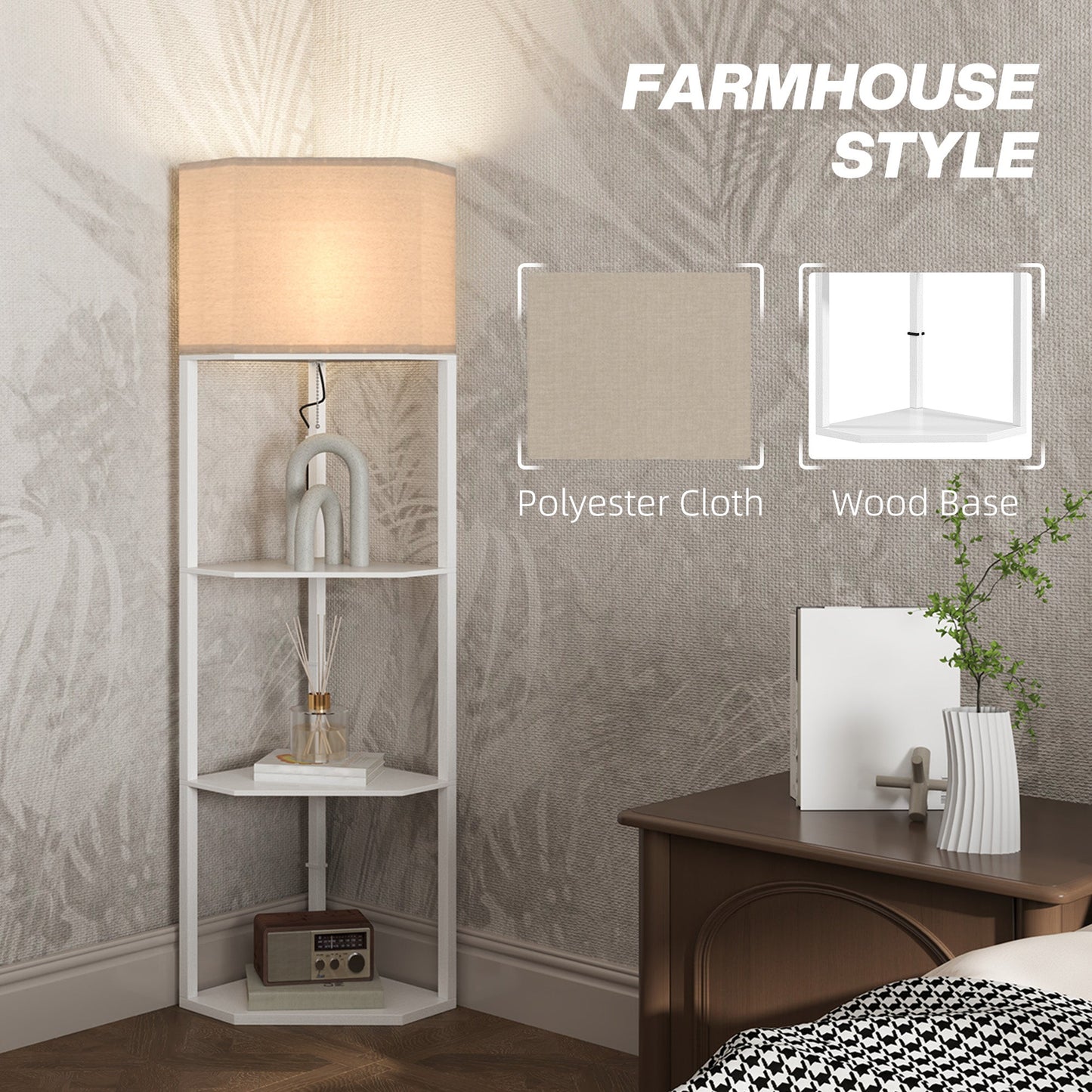 HOMCOM Corner Modern Floor Lamp with Shelves for Living Room, Bedroom, White