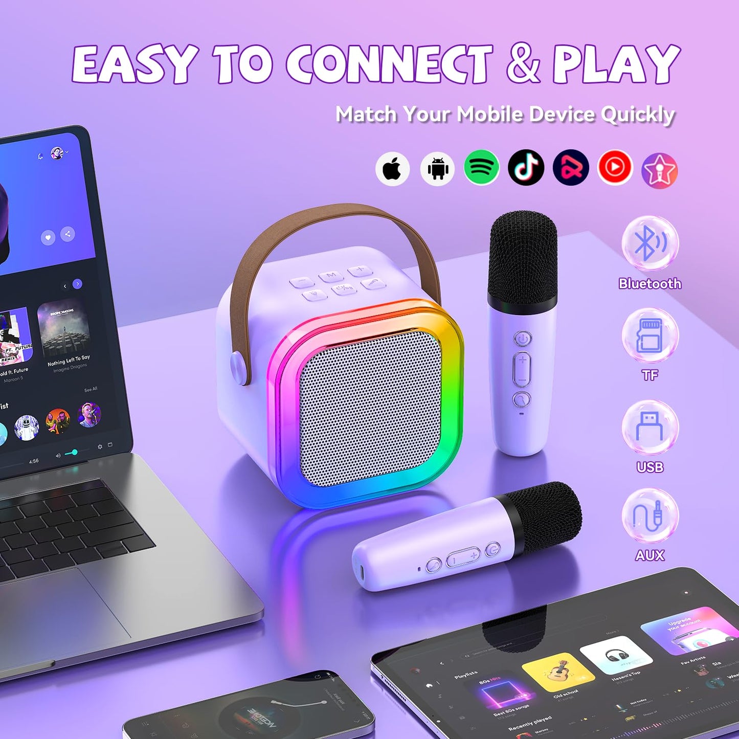 CscyyAmz Mini Karaoke Machine for Kids – 2 Mics, Portable Bluetooth Speaker, Purple