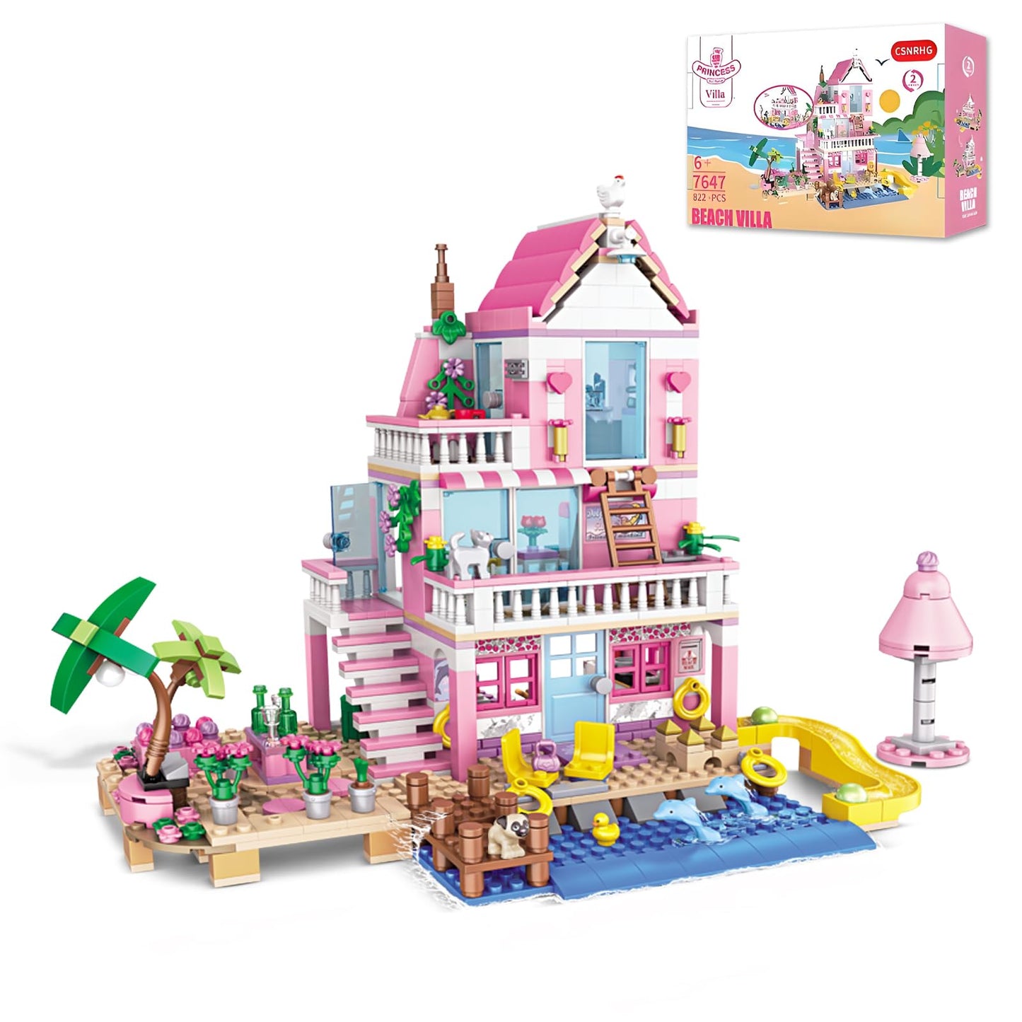 CSNRHG Pink Seaside Beach Villa – 822-Piece Building Set Gift for All Ages