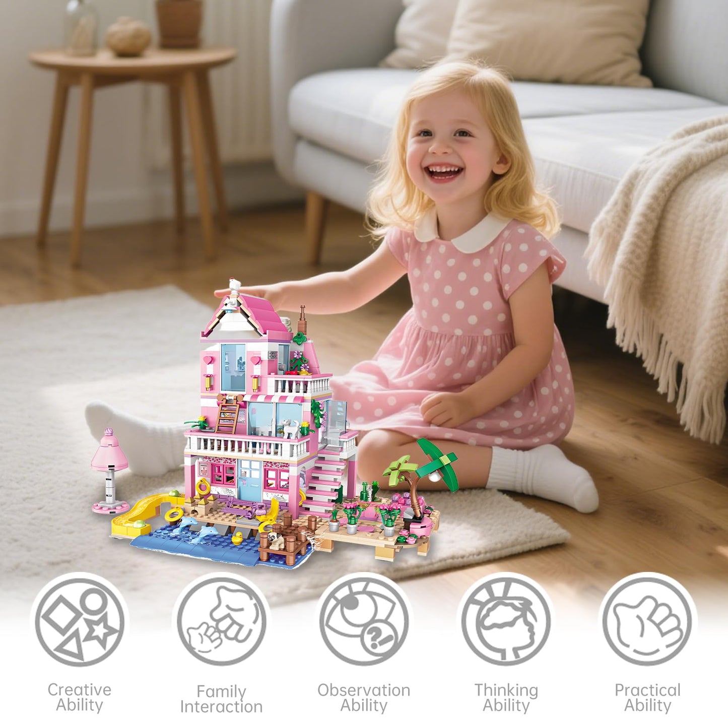 CSNRHG Pink Seaside Beach Villa – 822-Piece Building Set Gift for All Ages