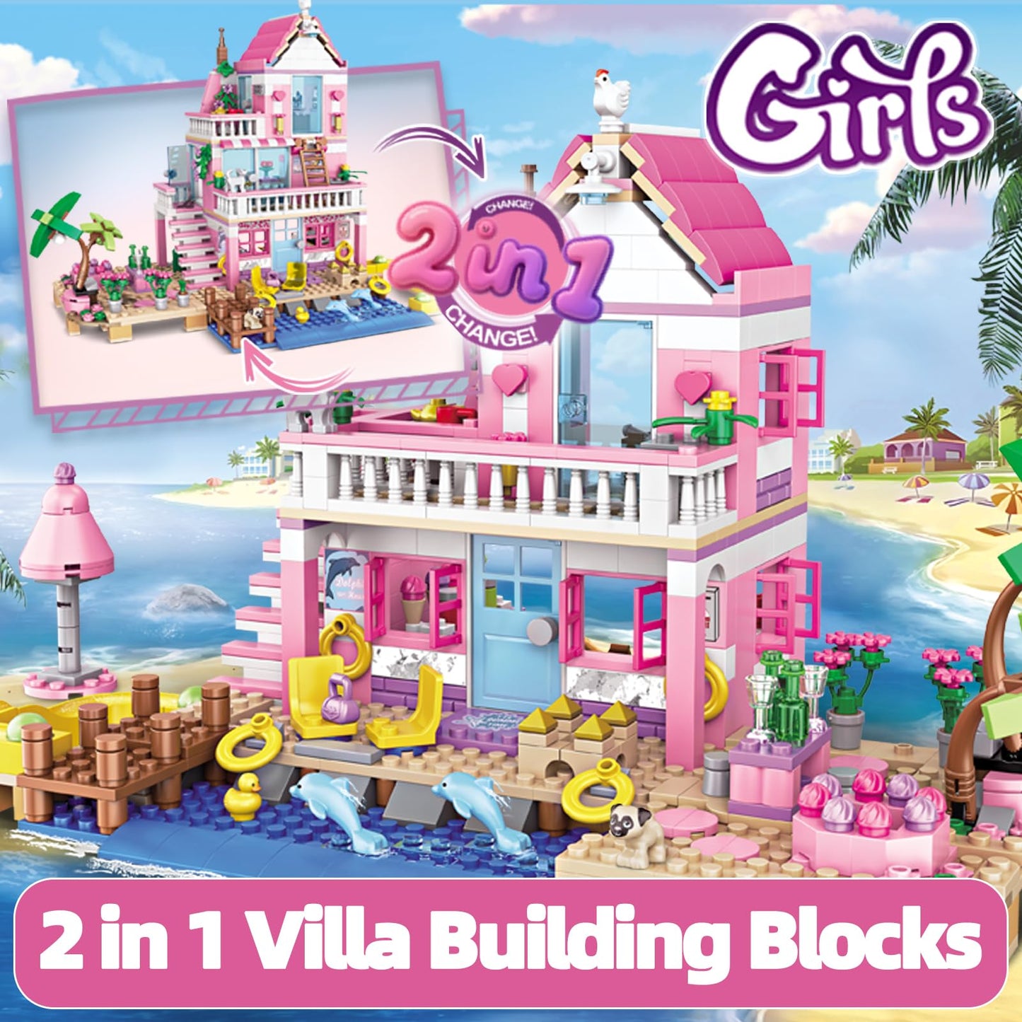 CSNRHG Pink Seaside Beach Villa – 822-Piece Building Set Gift for All Ages