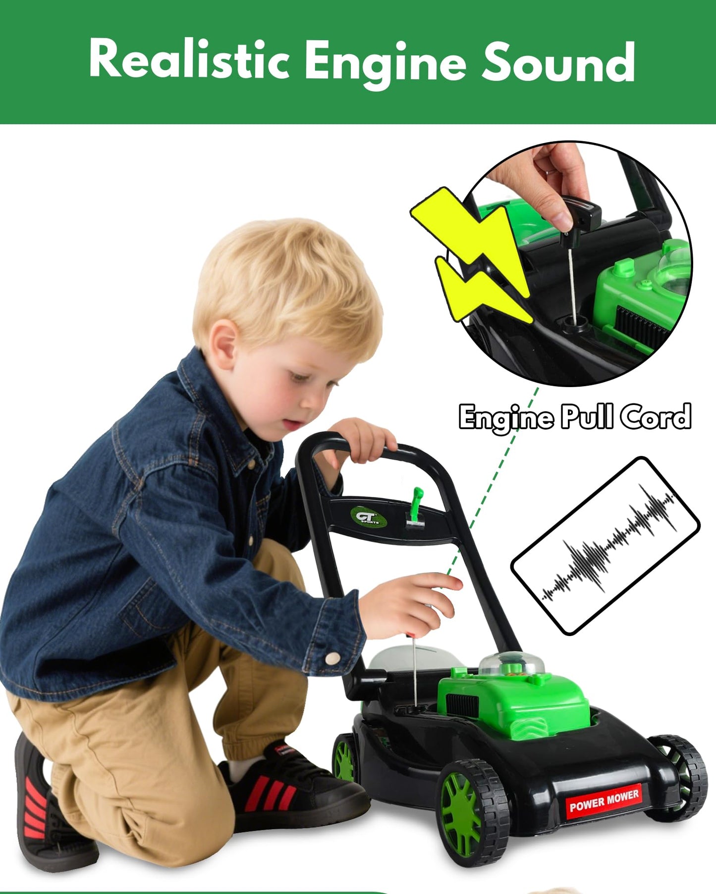 CT SPORTS Kids Lawn Mower - Realistic Grass-Cutting Action, No Batteries | Outdoor Push Toy for 3-8 Year Olds (Black)