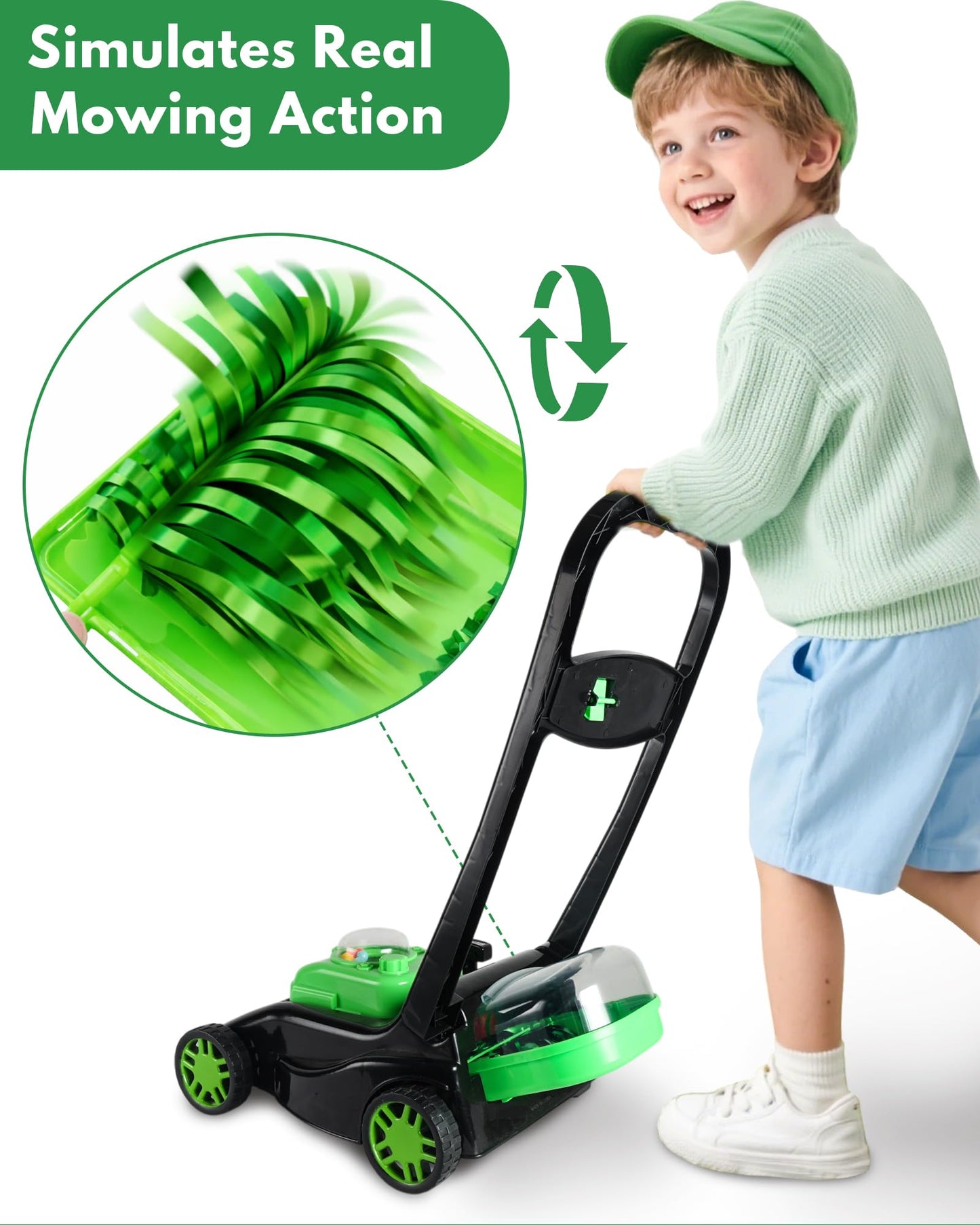 CT SPORTS Kids Lawn Mower - Realistic Grass-Cutting Action, No Batteries | Outdoor Push Toy for 3-8 Year Olds (Black)