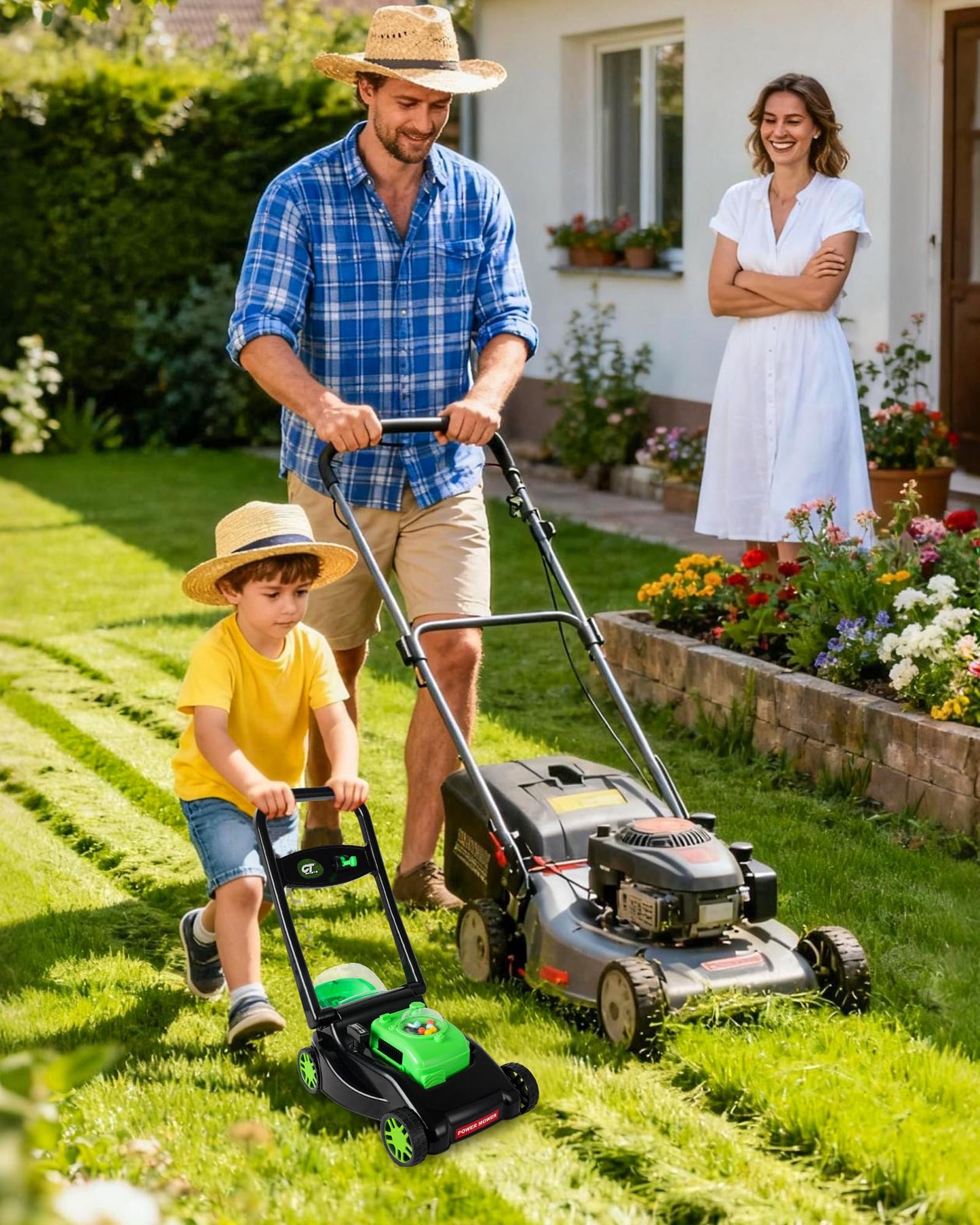 CT SPORTS Kids Lawn Mower - Realistic Grass-Cutting Action, No Batteries | Outdoor Push Toy for 3-8 Year Olds (Black)