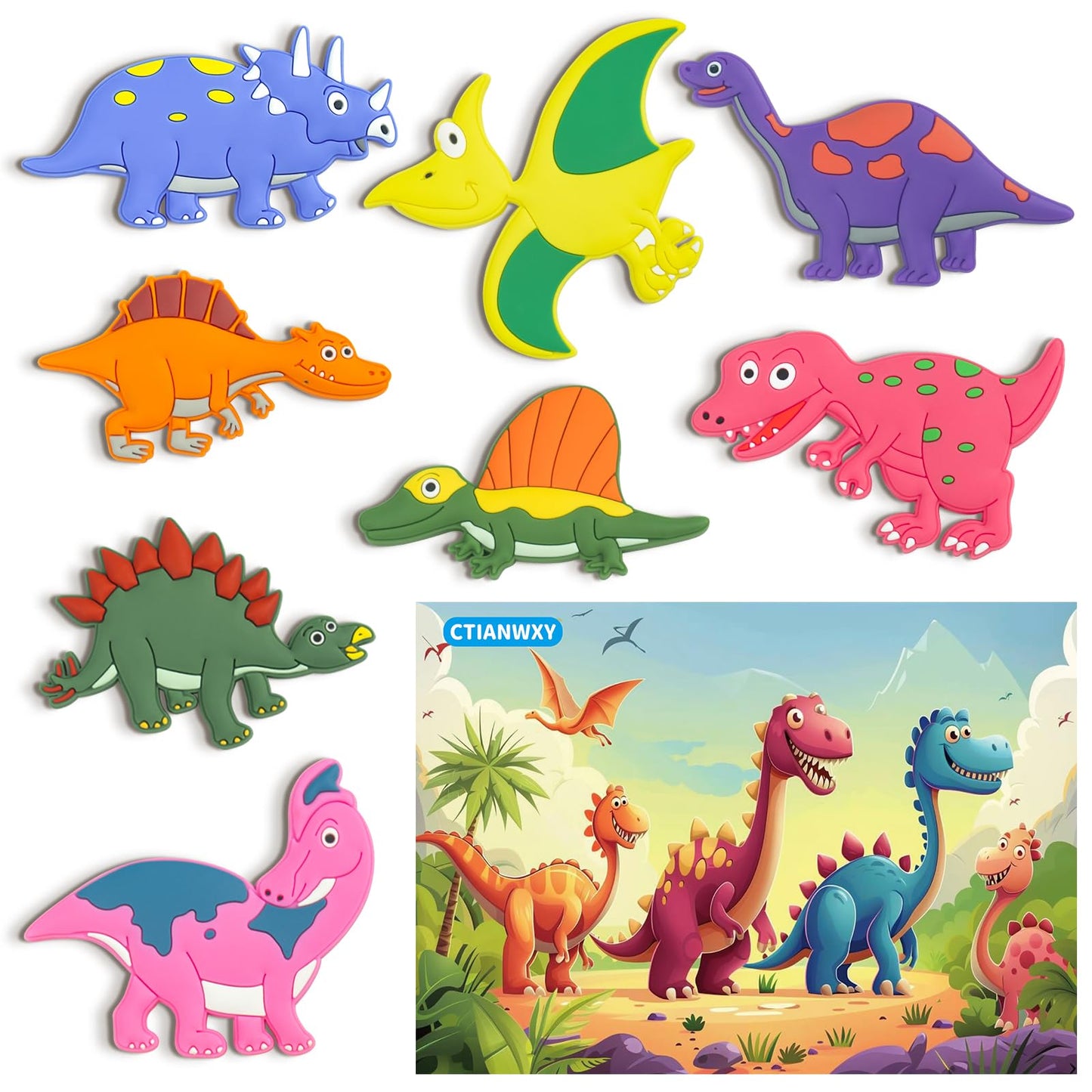 CTIANWXY Dinosaur Fridge Magnets for Toddlers – 8-Pack Full-Back Rubber Magnets for Learning