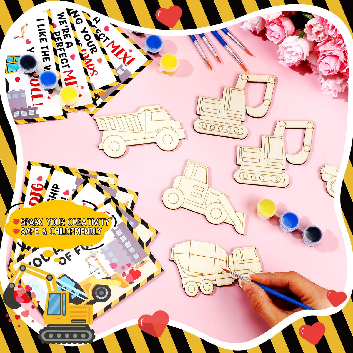 Ctosree 24-Pack Valentine’s Day Wooden Crafts Kit for Kids — Construction-Themed DIY Cards & Gifts