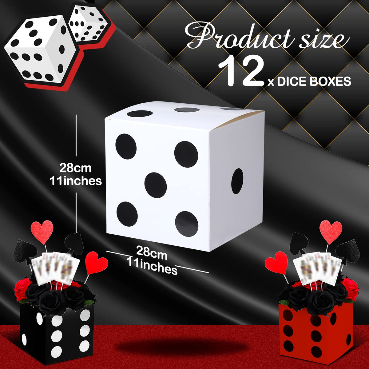 Ctosree 12 Pcs Large Casino Dice Boxes – 11in Jumbo Vegas Dice Centerpieces for Vegas-Themed Parties (Black White Red)