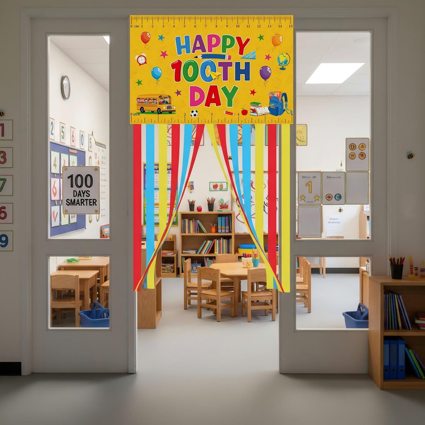 Ctosree 100th Day of School Banner — Happy 100 Days Door Sign for Classroom & Party Decor (Yellow, Ruler Style)