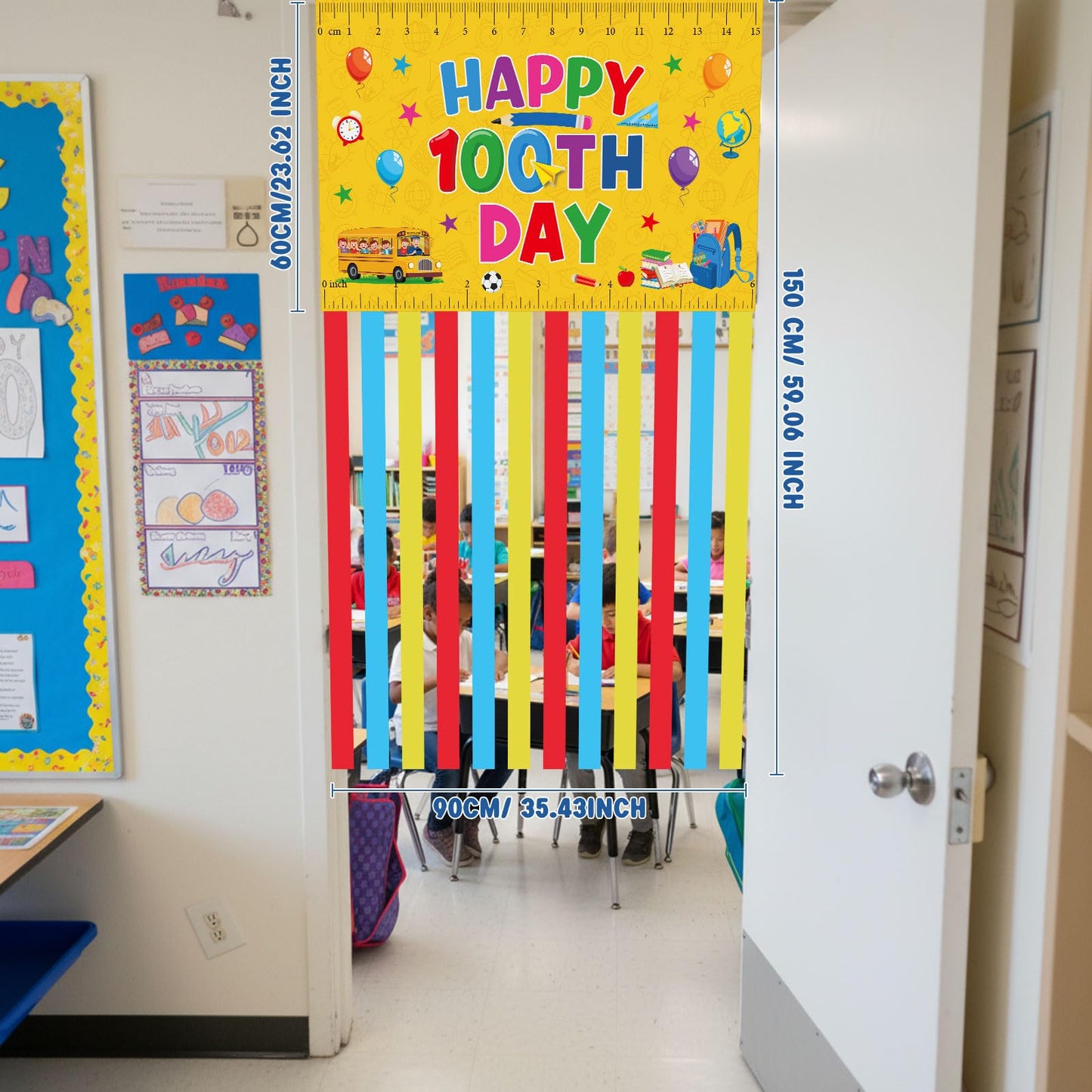 Ctosree 100th Day of School Banner — Happy 100 Days Door Sign for Classroom & Party Decor (Yellow, Ruler Style)