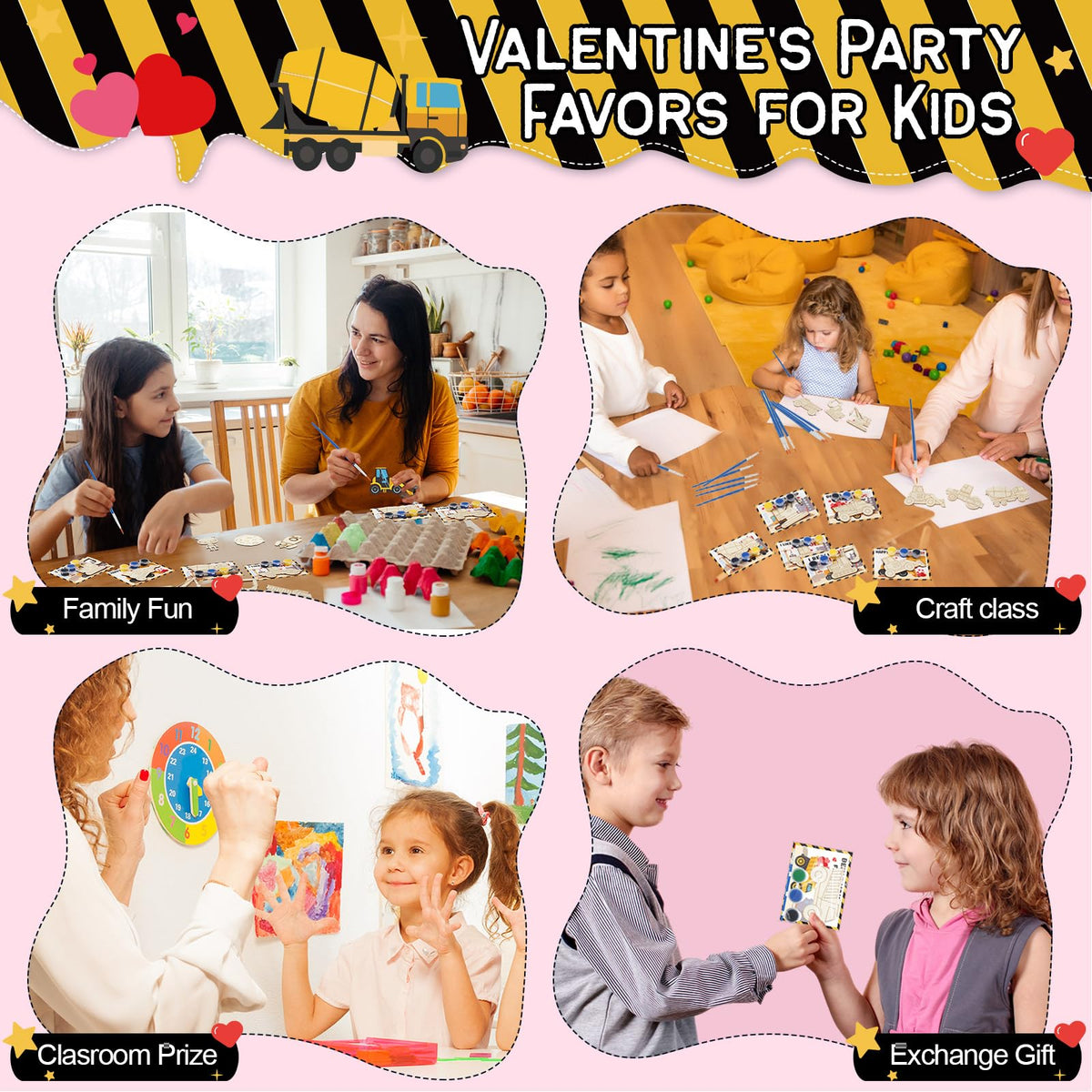 Ctosree 24-Pack Valentine’s Day Wooden Crafts Kit for Kids — Construction-Themed DIY Cards & Gifts