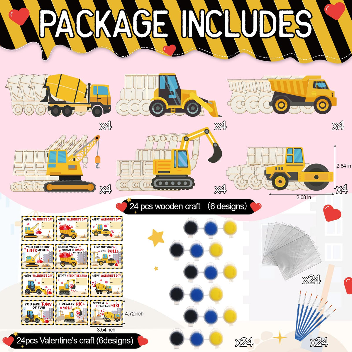 Ctosree 24-Pack Valentine’s Day Wooden Crafts Kit for Kids — Construction-Themed DIY Cards & Gifts