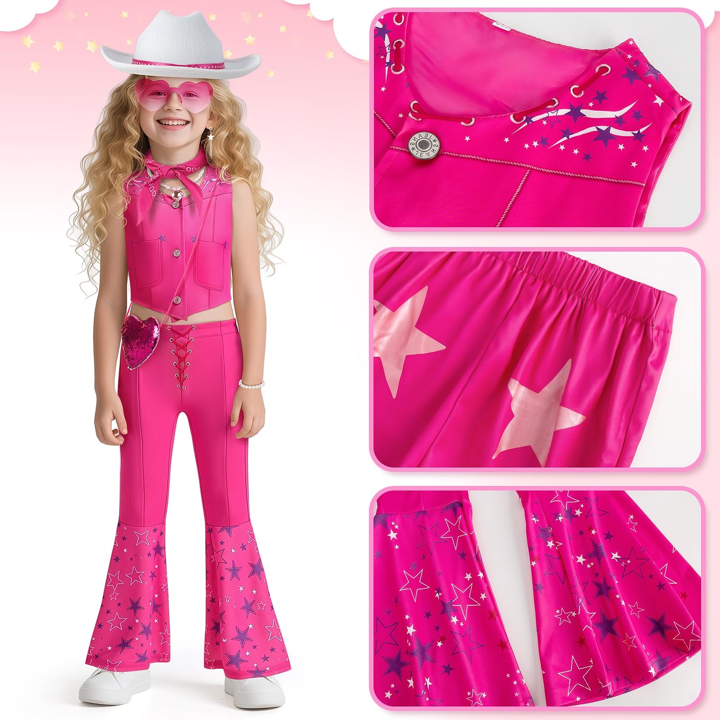 Cubacubo Cowgirl Costume Girls – 10-Piece 80s Pink Western Dress Up for Halloween & Parties