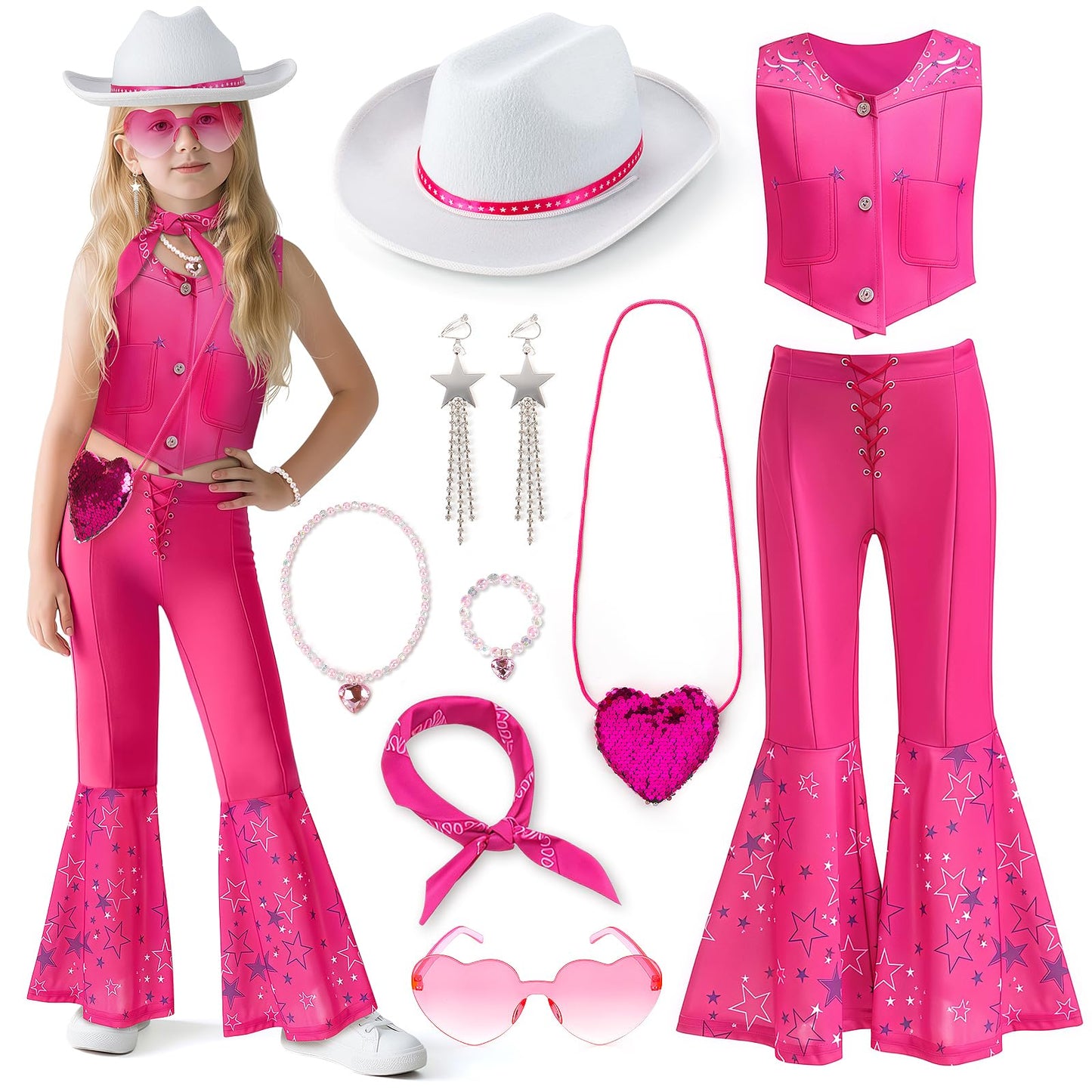 Cubacubo Cowgirl Costume Girls – 10-Piece 80s Pink Western Dress Up for Halloween & Parties