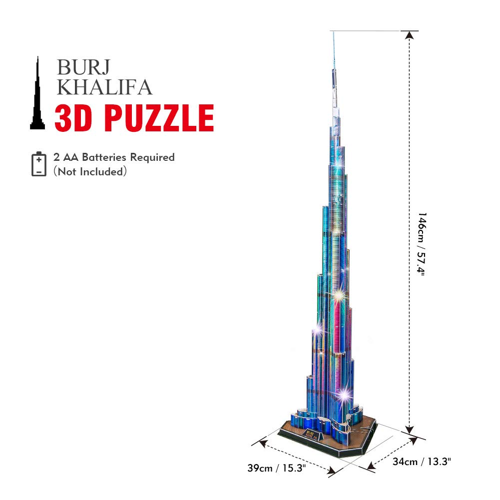 CubicFun 3D Burj Khalifa LED Puzzle – 57.5” Tall Architecture Model Kit