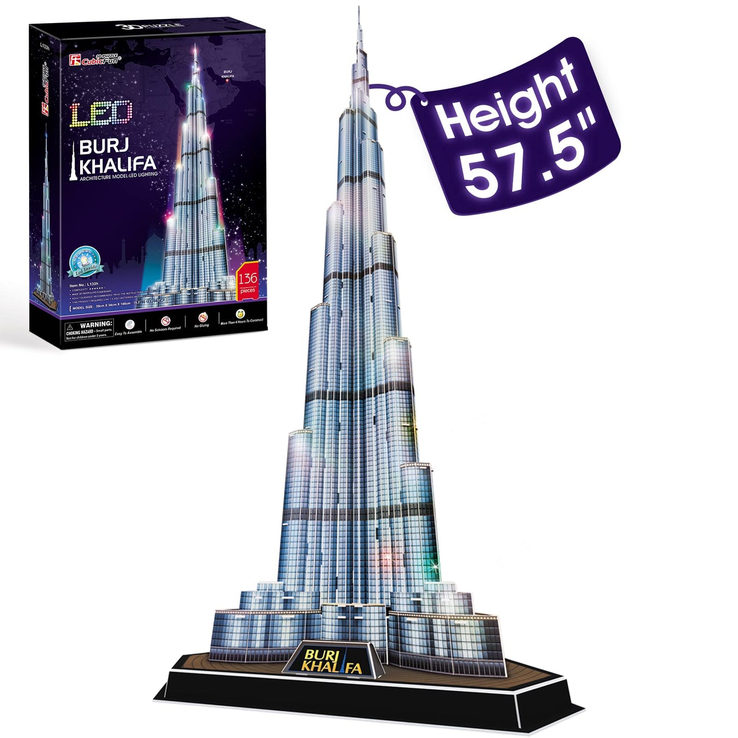 CubicFun 3D Burj Khalifa LED Puzzle – 57.5” Tall Architecture Model Kit