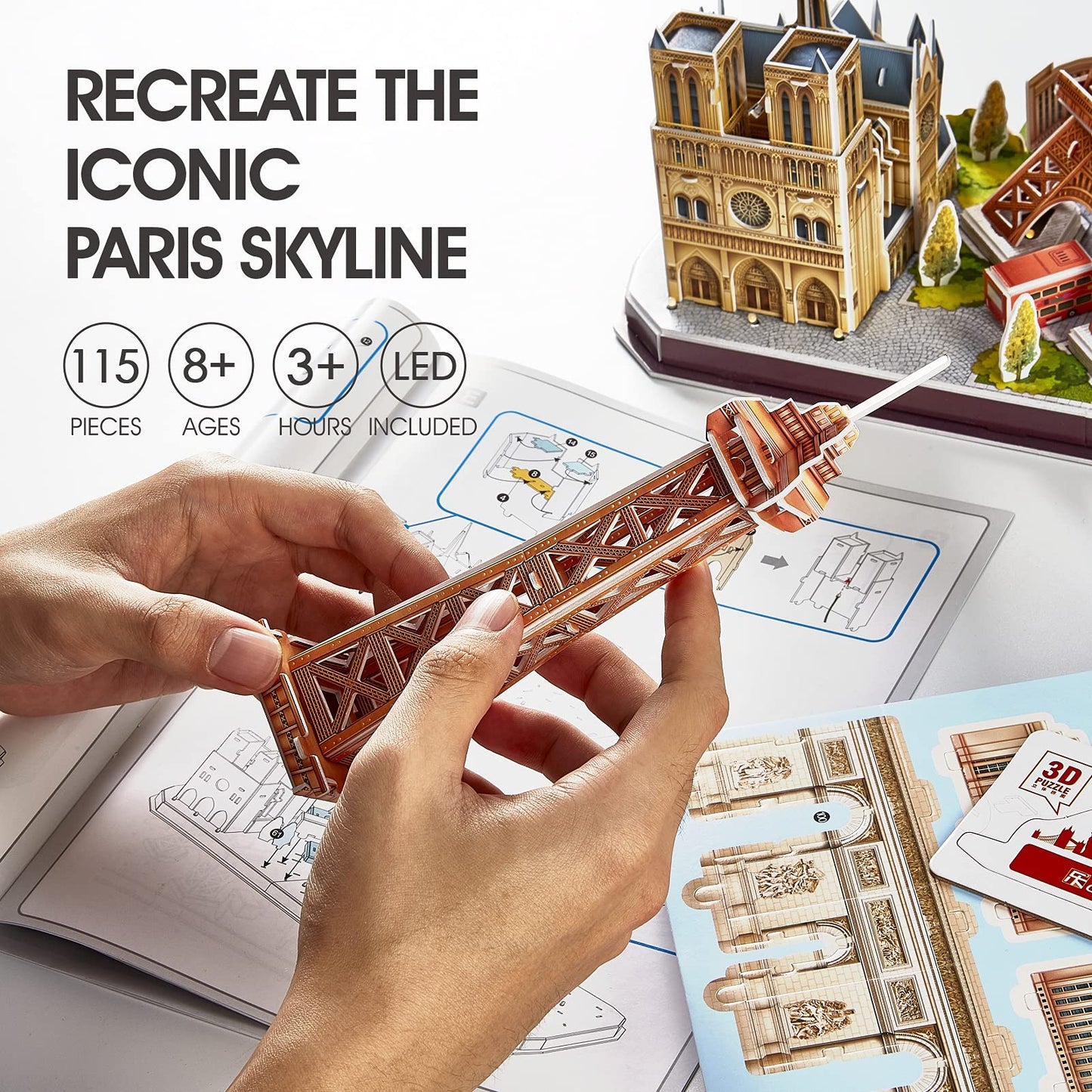 CubicFun LED Paris Cityline 3D Puzzles – 4 Landmarks, Night Light, Desk Decor