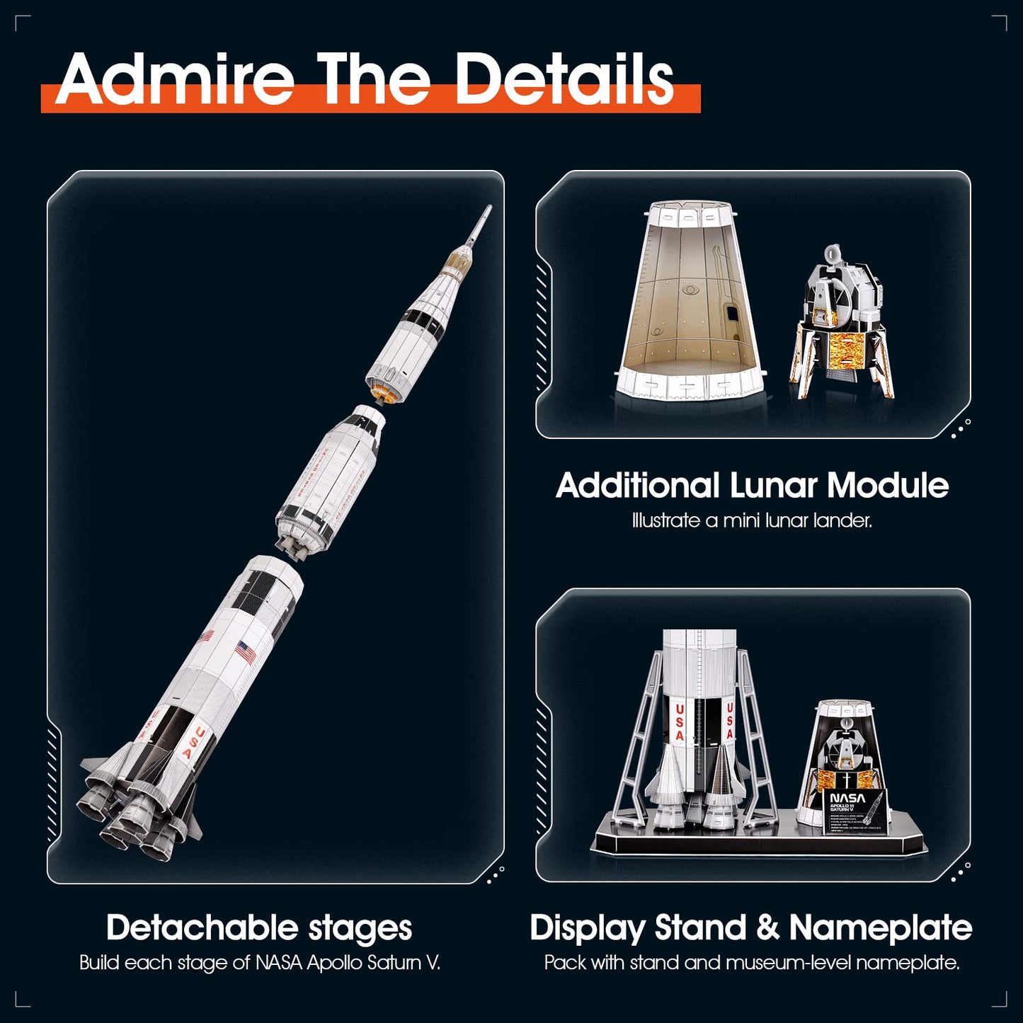 CubicFun NASA Apollo Saturn V 3D Puzzle – 32-Inch Rocket Model Kit, 136 Pieces