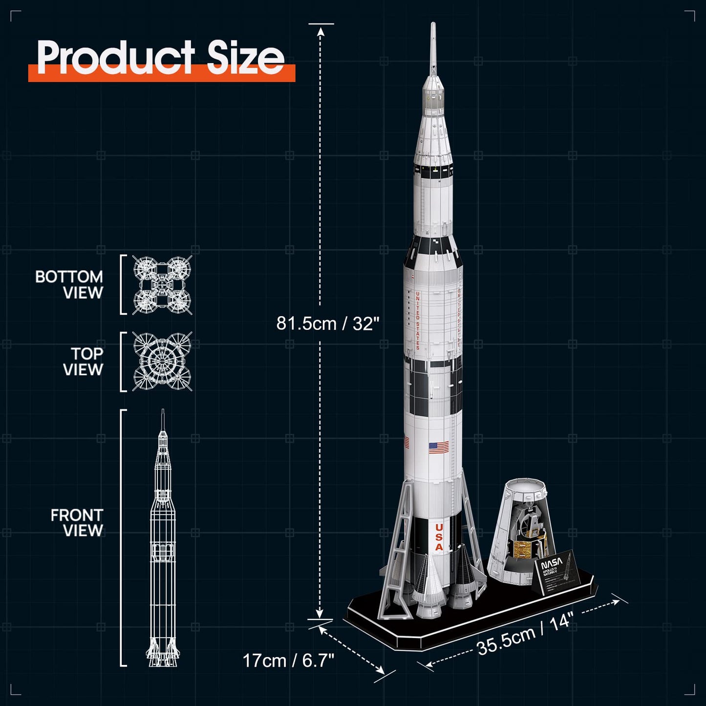 CubicFun NASA Apollo Saturn V 3D Puzzle – 32-Inch Rocket Model Kit, 136 Pieces