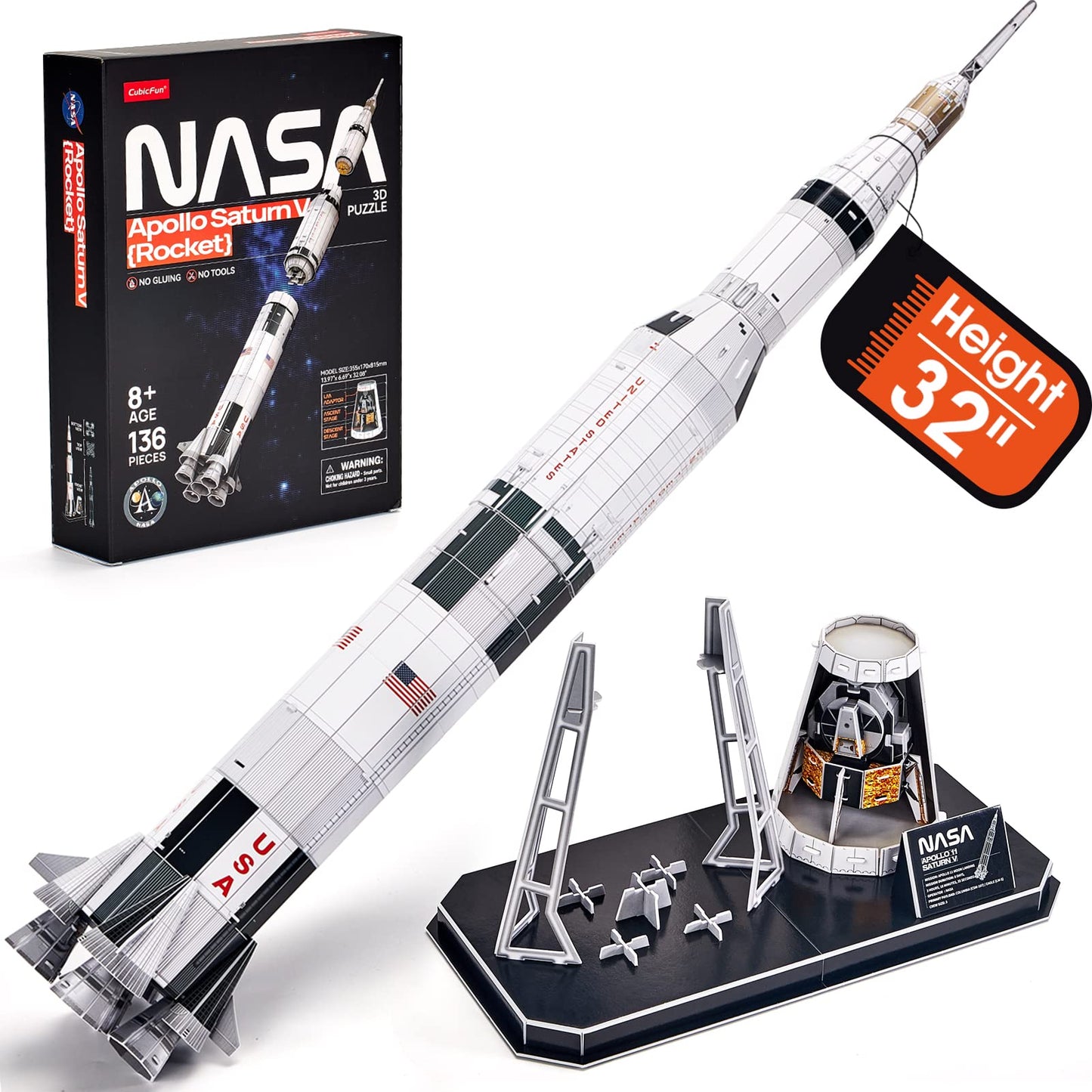 CubicFun NASA Apollo Saturn V 3D Puzzle – 32-Inch Rocket Model Kit, 136 Pieces