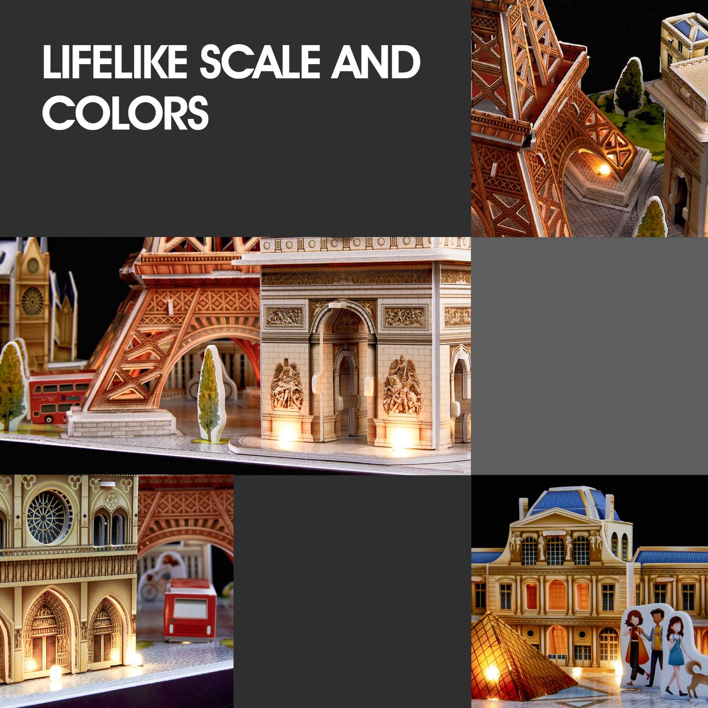 CubicFun LED Paris Cityline 3D Puzzles – 4 Landmarks, Night Light, Desk Decor