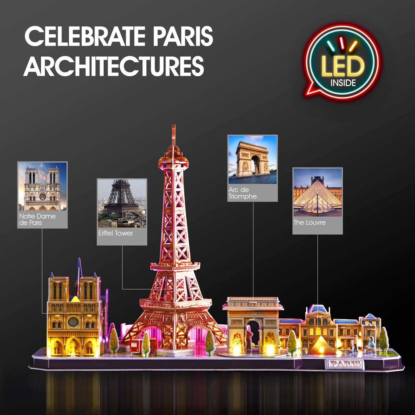 CubicFun LED Paris Cityline 3D Puzzles – 4 Landmarks, Night Light, Desk Decor