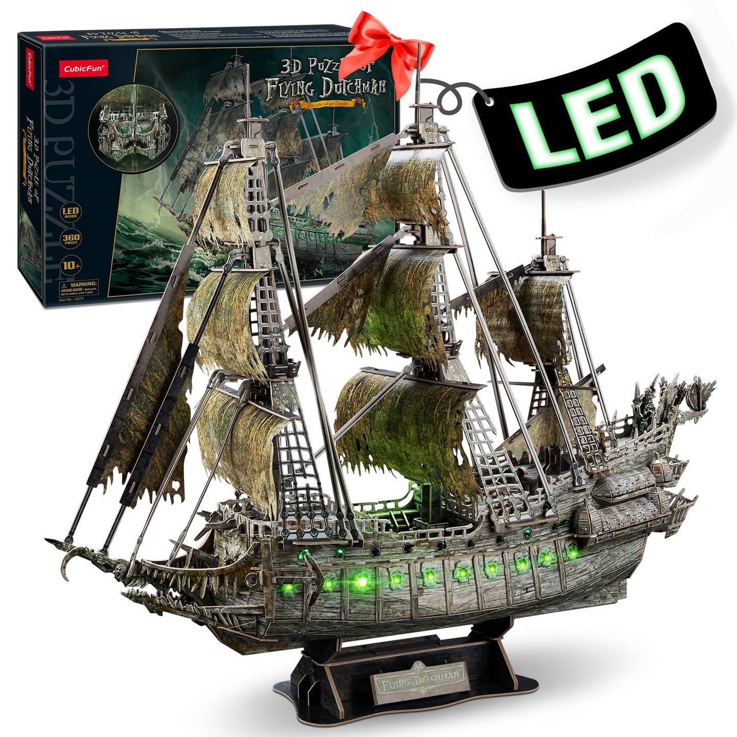 Cubifun 3D Flying Dutchman Puzzle with Green LED Lighting – 360-Piece Pirate Ship Model Kit