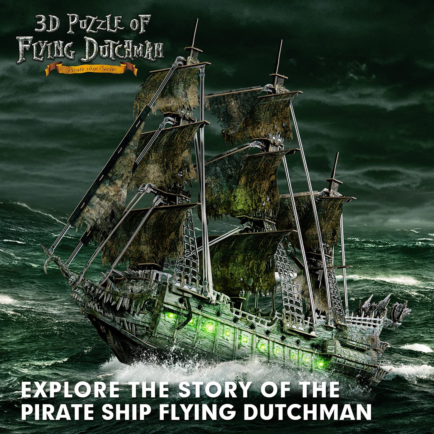 Cubifun 3D Flying Dutchman Puzzle with Green LED Lighting – 360-Piece Pirate Ship Model Kit