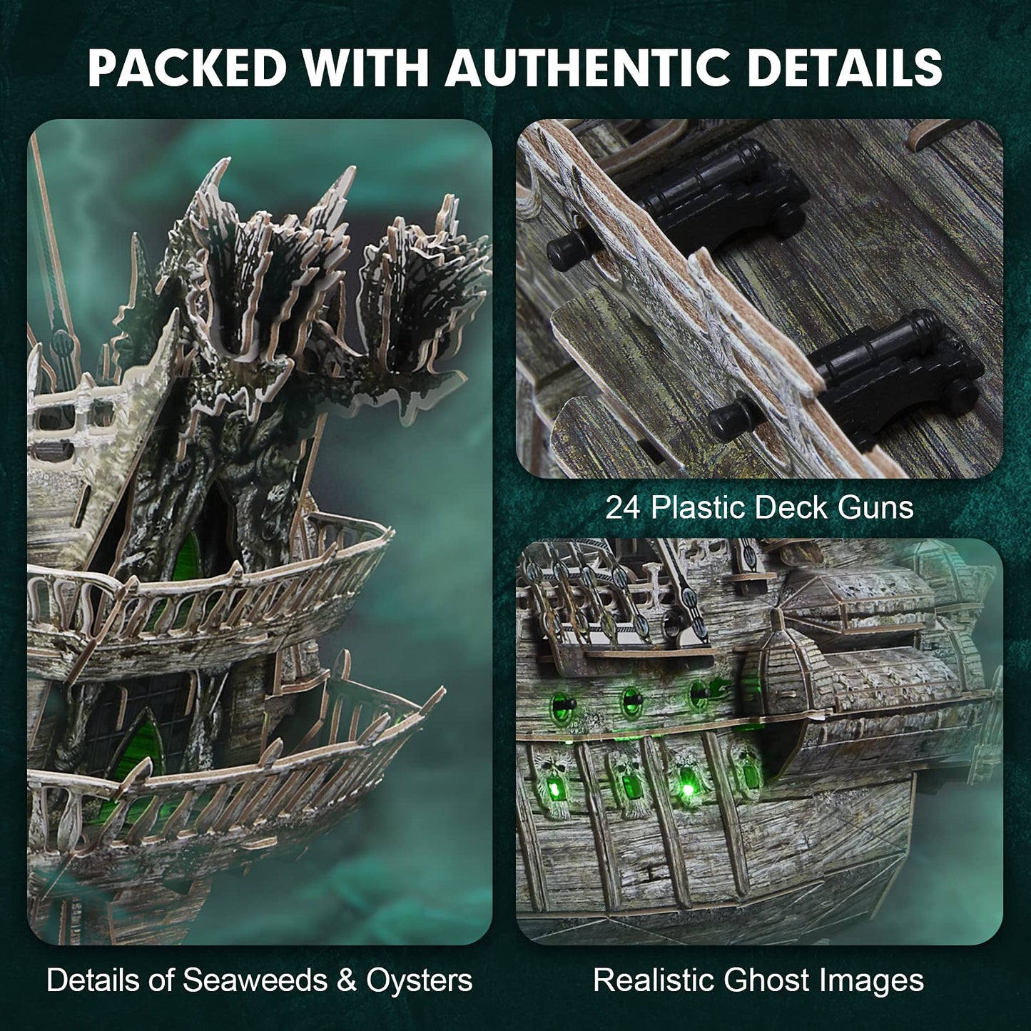 Cubifun 3D Flying Dutchman Puzzle with Green LED Lighting – 360-Piece Pirate Ship Model Kit