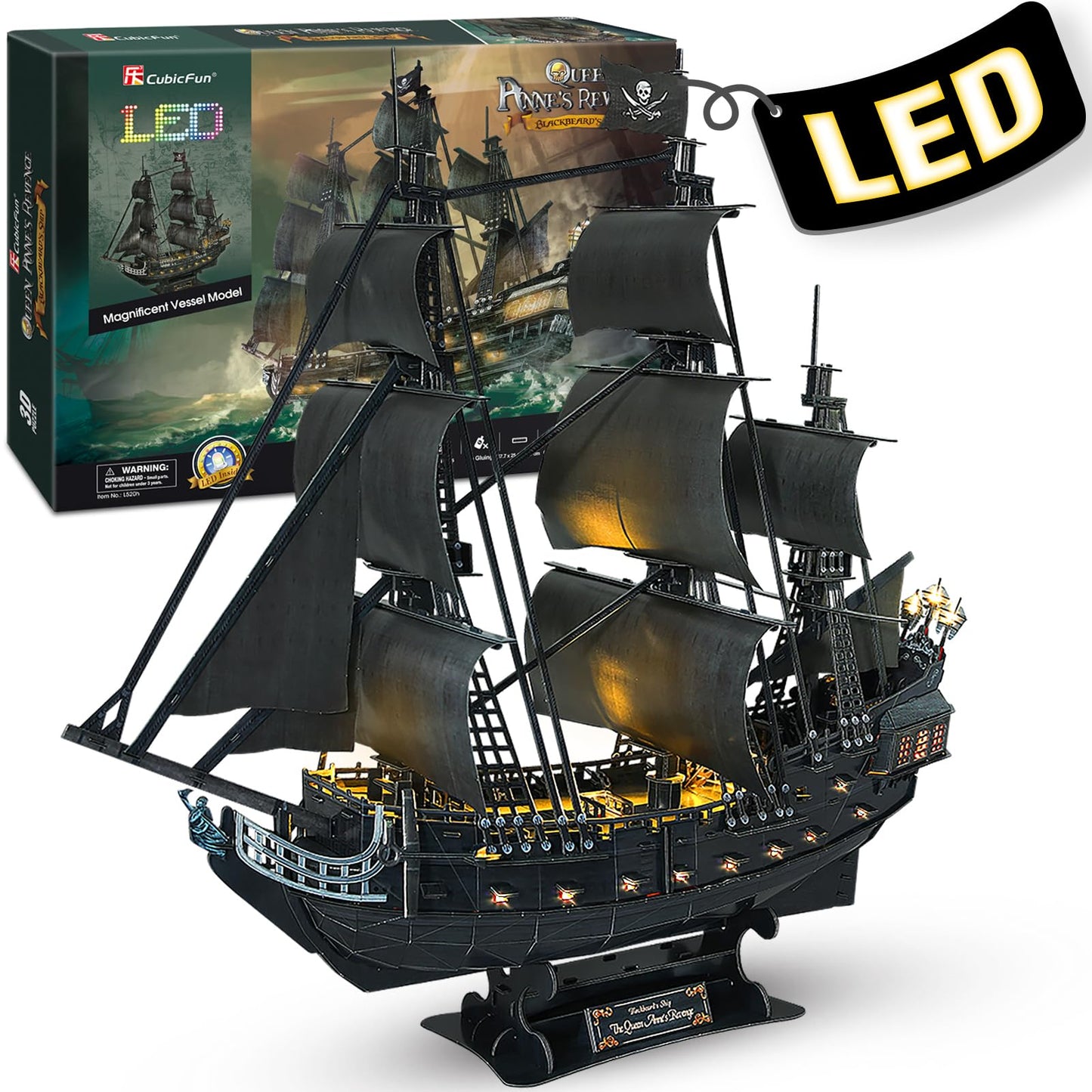 Queen Anne's Revenge 340-Piece 3D Puzzle by CubicFun | Illuminated Pirate Ship Model Kit