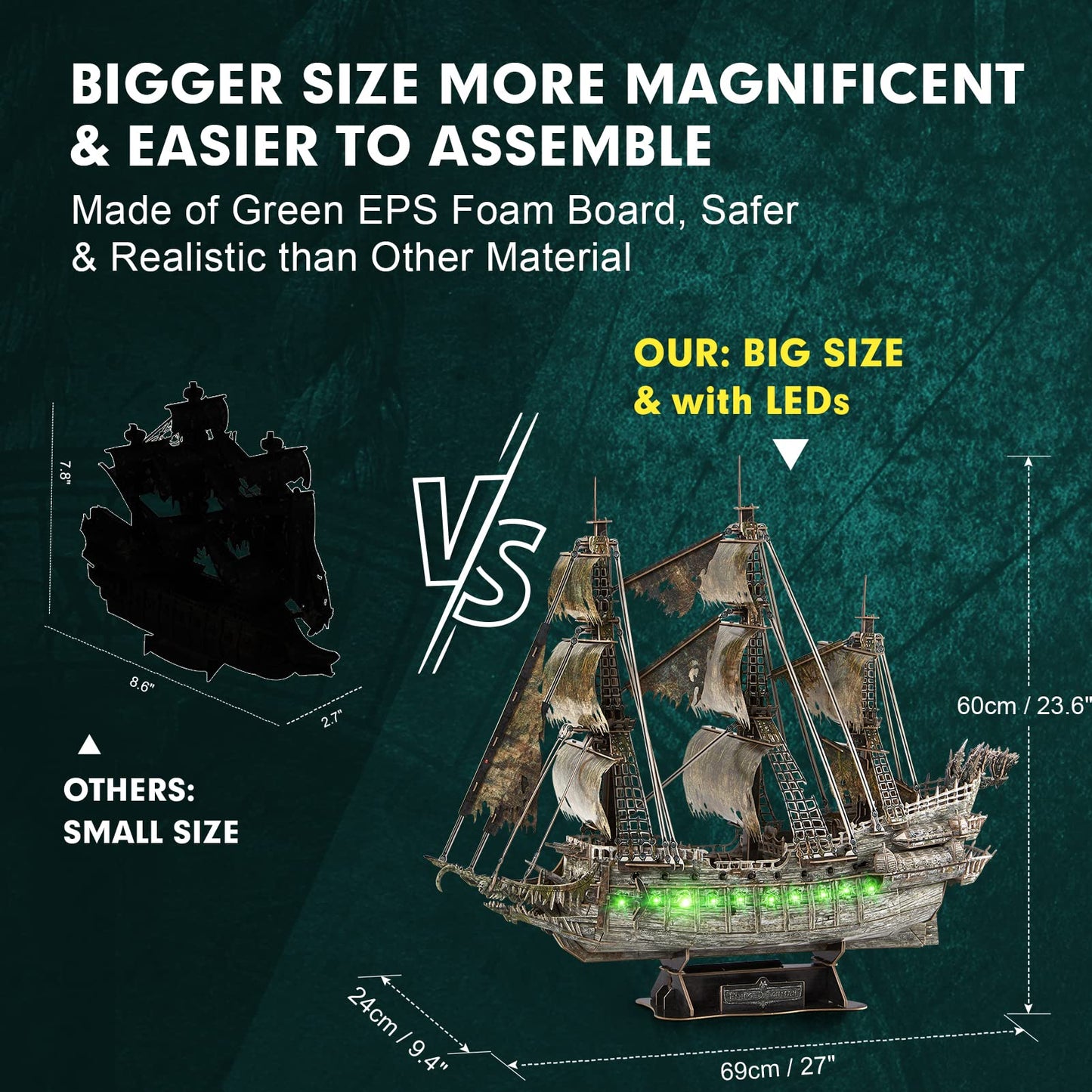 Cubifun 3D Flying Dutchman Puzzle with Green LED Lighting – 360-Piece Pirate Ship Model Kit
